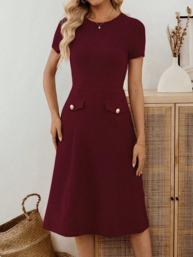Women's Burgundy Short-Sleeve Midi Dress with Boat Neck and Pocket Detail - Janes - by Peralane - photo 8