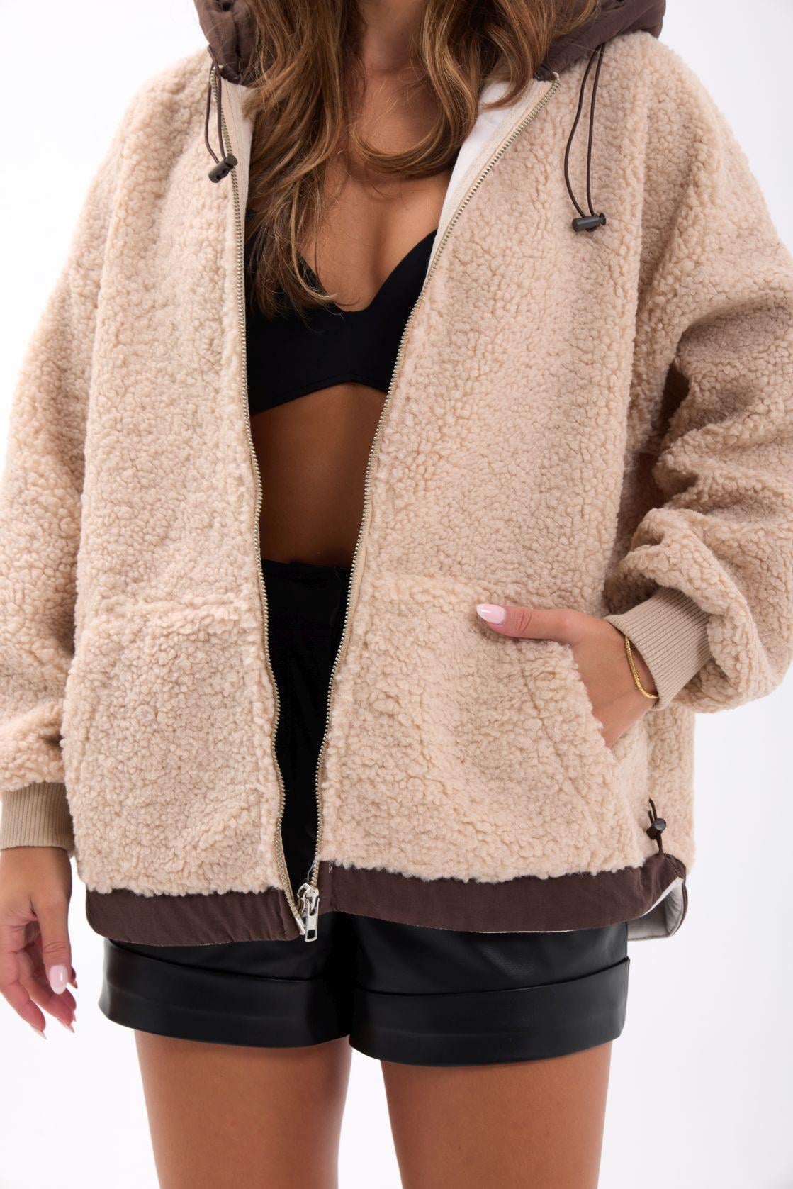 Women's Zip-Front Hoodie in Light Tan with Brown Trim - Fame - by Peralane - photo 2