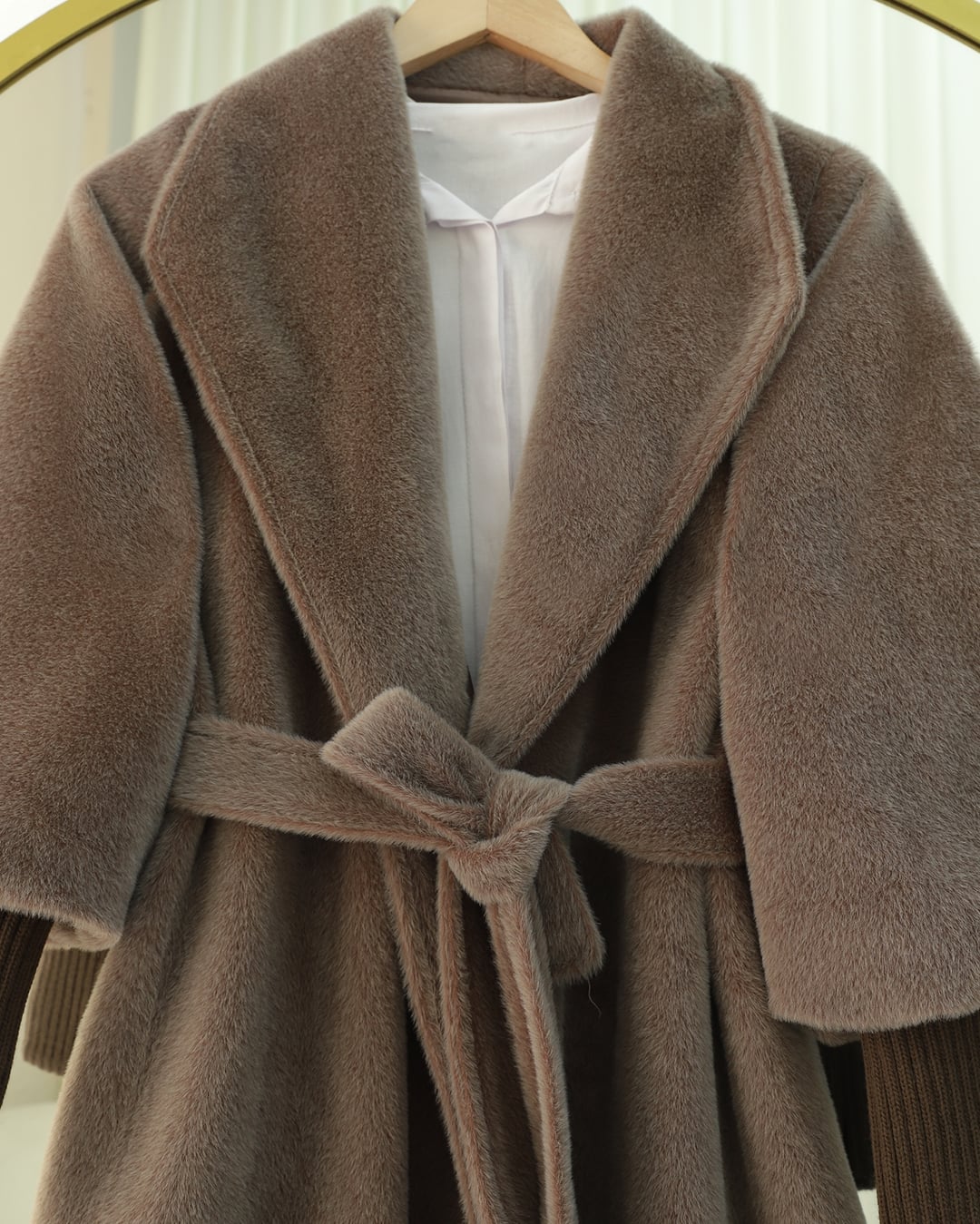 Ribbed Sleeve Shawl Collar Lined Faux Fur Coat - Earth - Podyumplus - by Peralane - photo 9