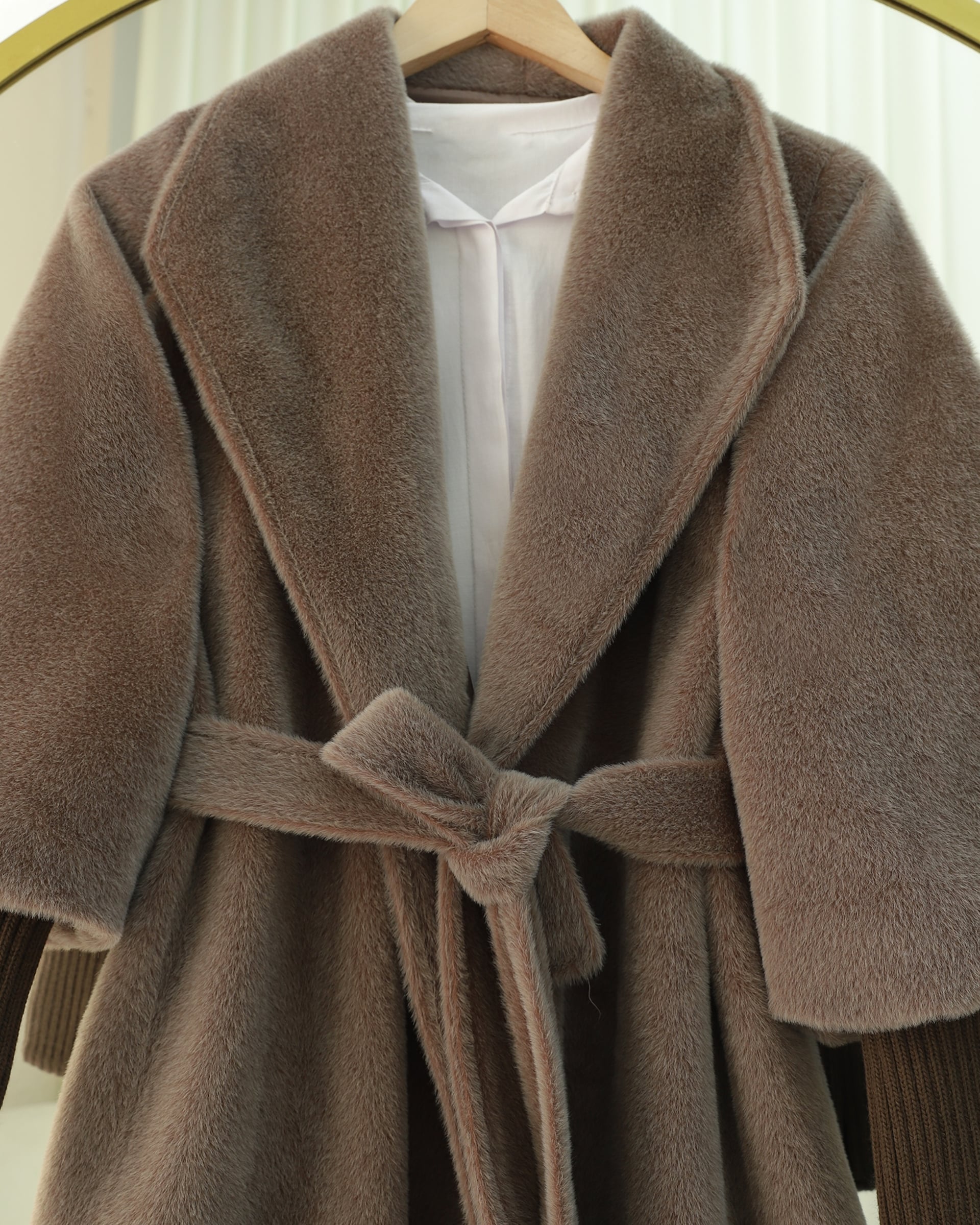 Ribbed Sleeve Shawl Collar Lined Faux Fur Coat - Earth - Podyumplus - by Peralane - photo 9