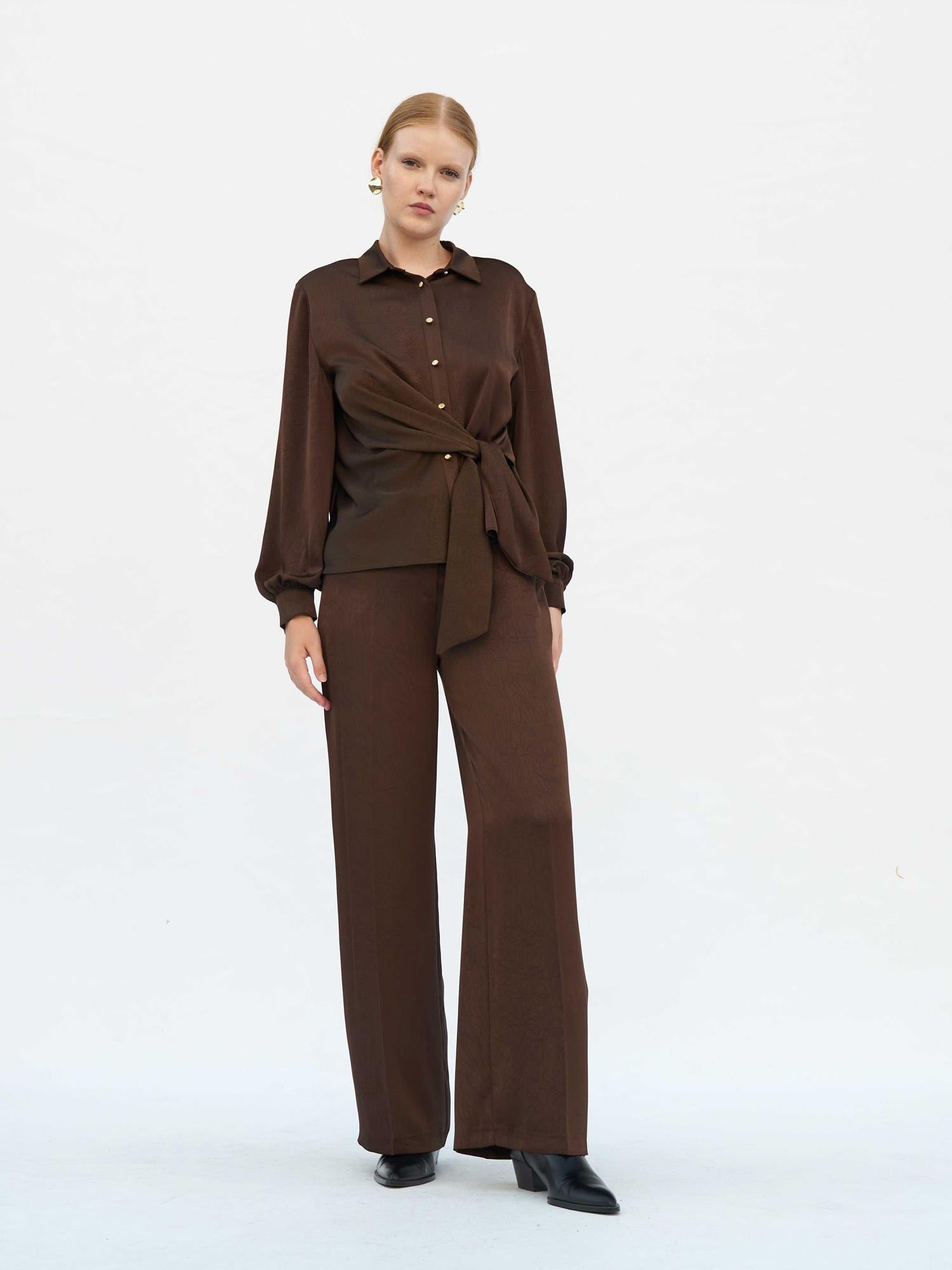 Brown Satin Wide-Leg Tie-Waist Trousers - Lefon - by Peralane - photo 4