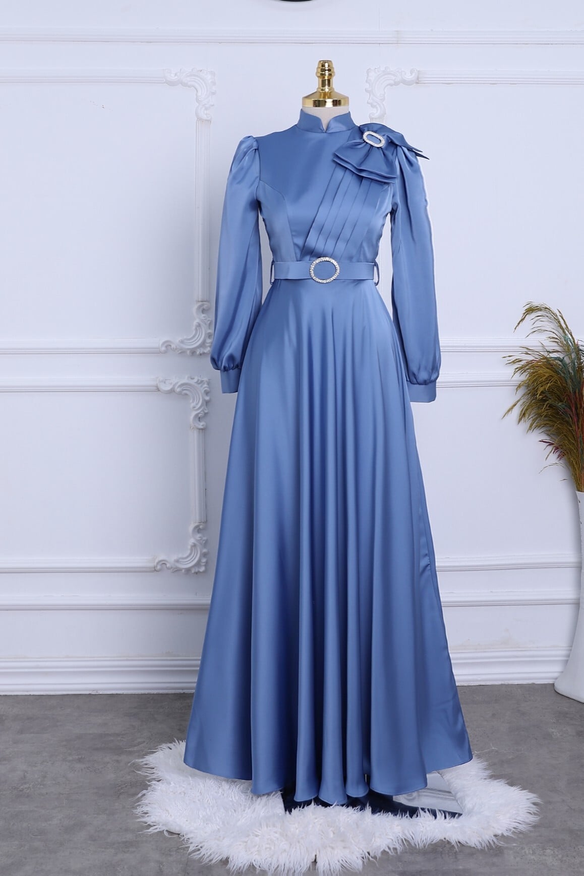 Satin Evening Dress with Bow and Belt - Blue - Podyumplus - by Peralane