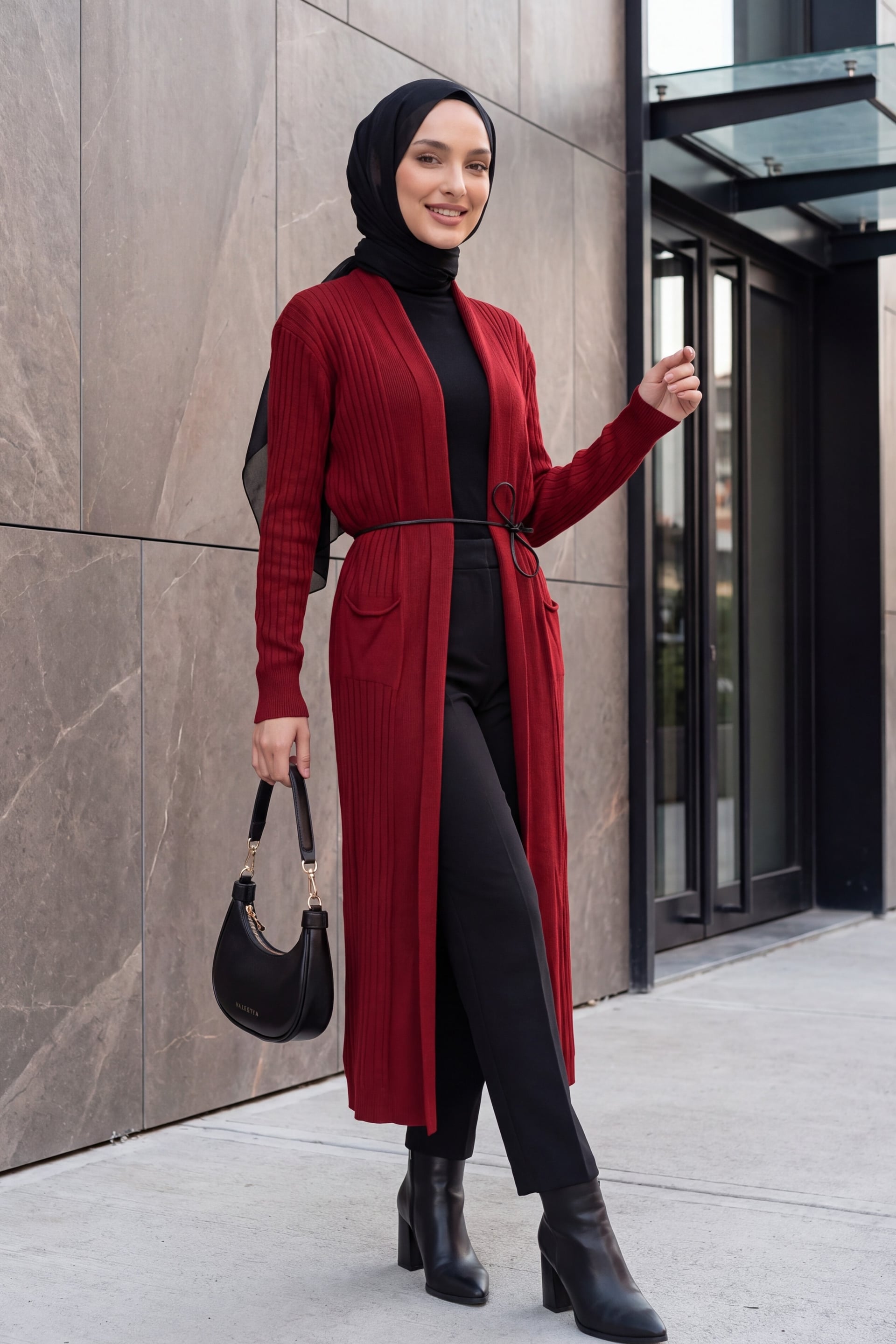 Long Ribbed Knit Cardigan with Belt - Burgundy - Bigdart - by Peralane - photo 3