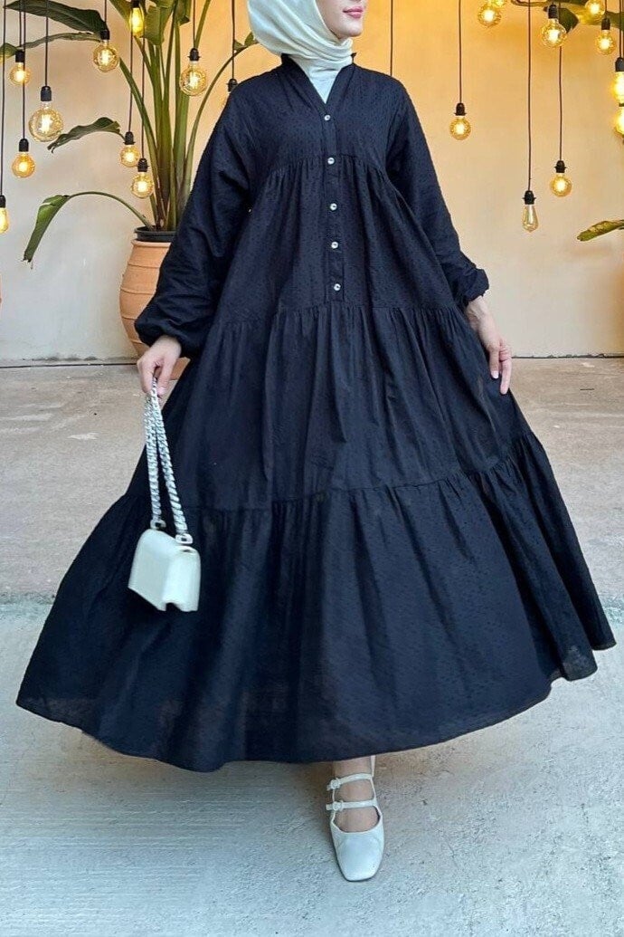 Black Button-Front Tiered Dress with Balloon Sleeves - Podyumplus - by Peralane - photo 5