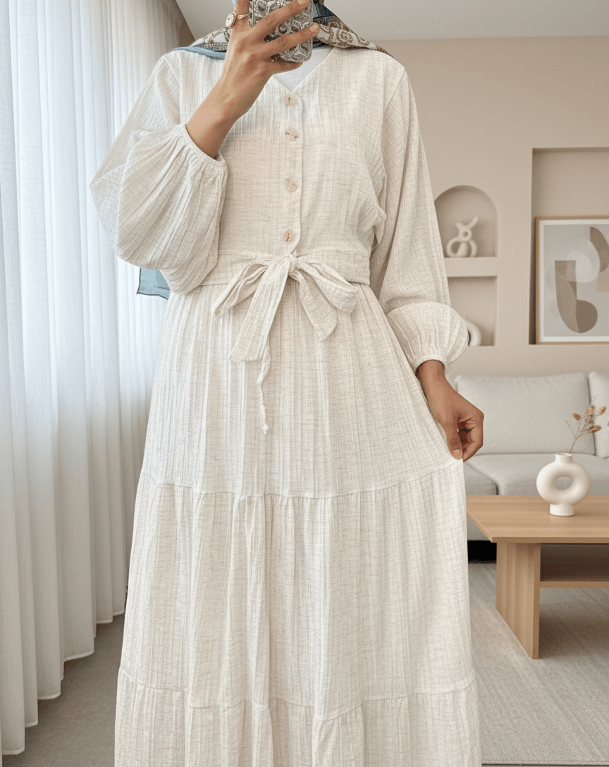 Beige Tie-Waist Blouse and Skirt Co-ord Set with Linen Look - Podyumplus - by Peralane - photo 5