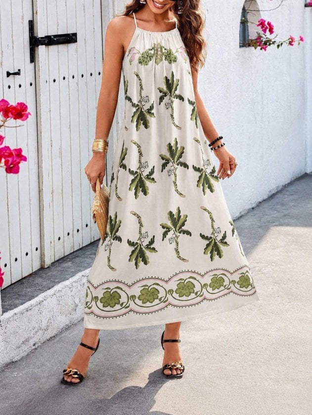 Women's Sleeveless Halter Neck Midi Dress with Palm Print - Janes - by Peralane