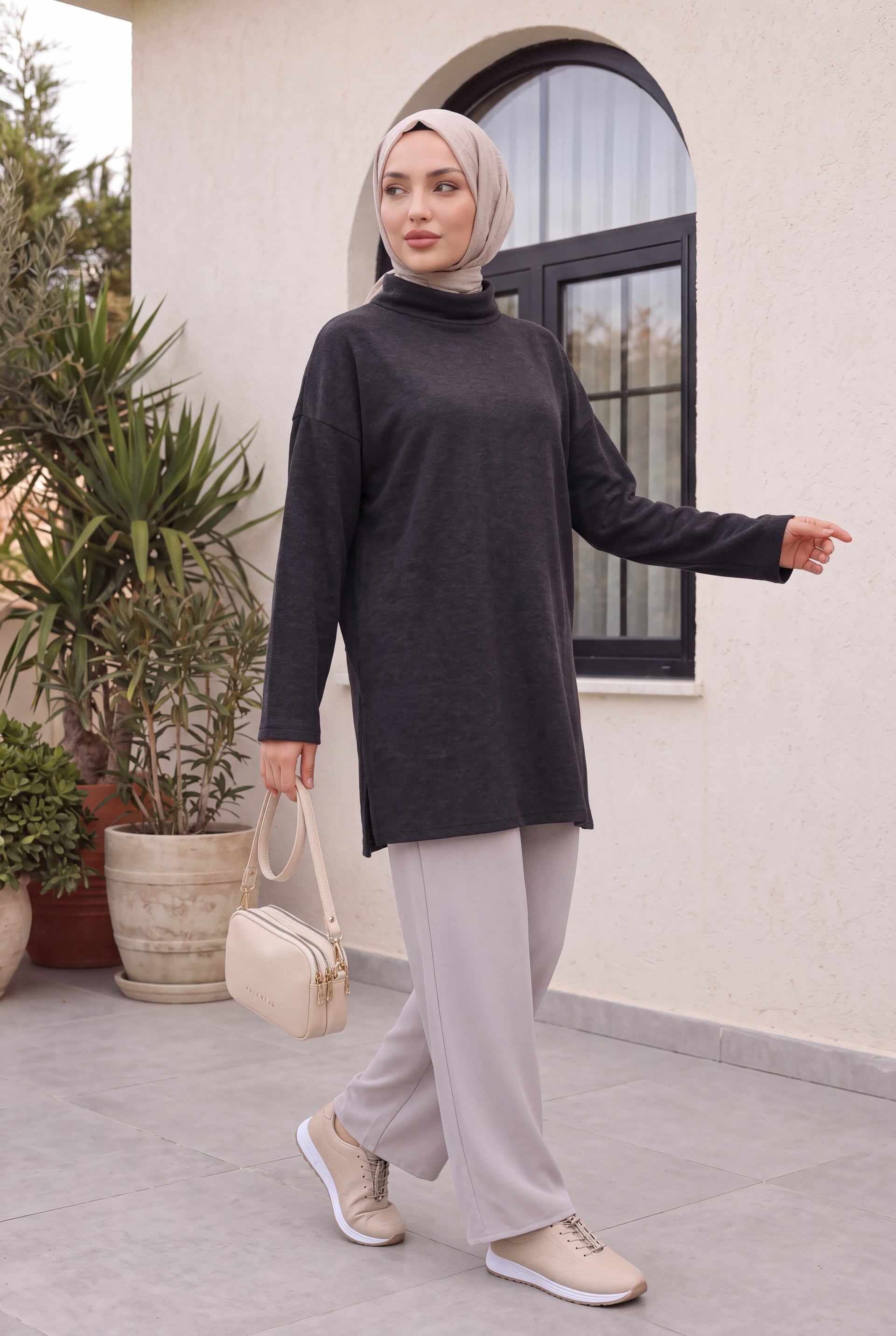 High Neck Slit Selanik Tunic - Anthracite - Podyumplus - by Peralane - photo 2
