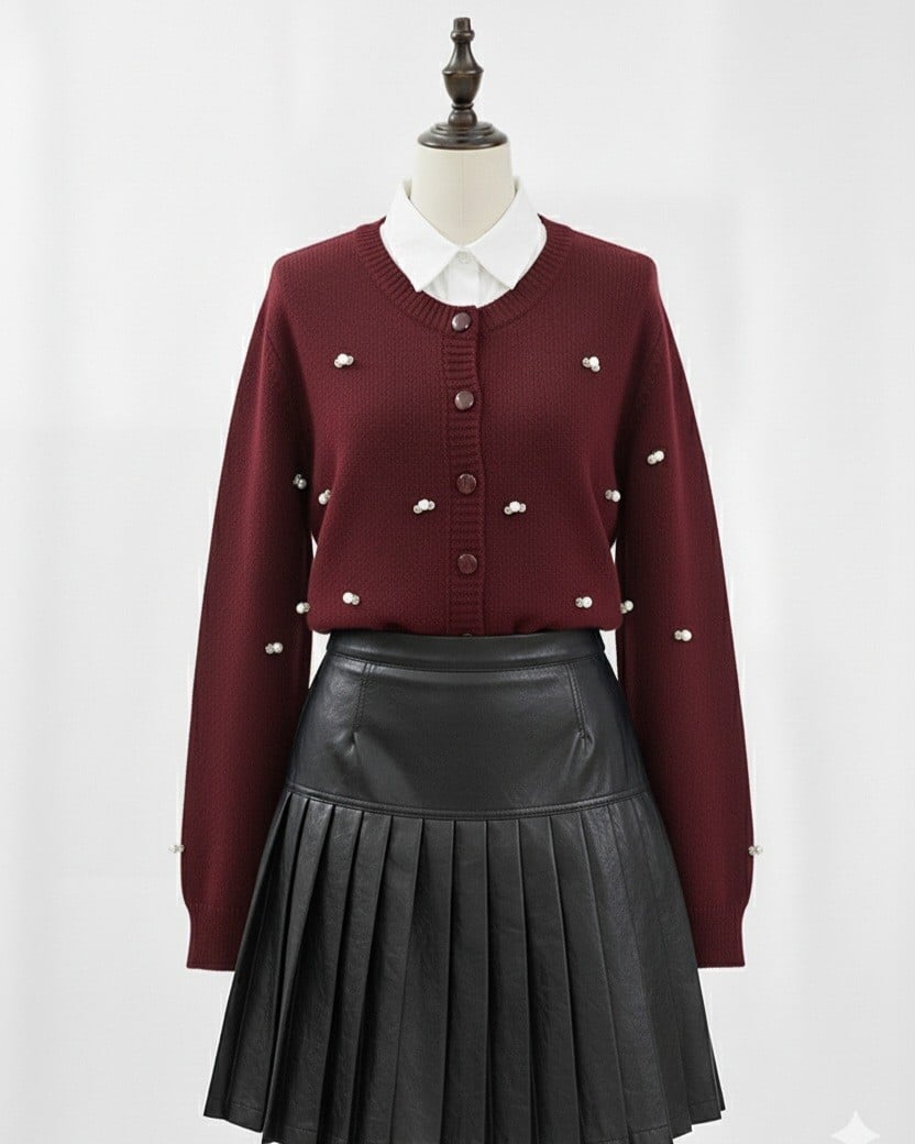 Buttoned Floral Detail Soft Cardigan - Maroon - Podyumplus - by Peralane - photo 5