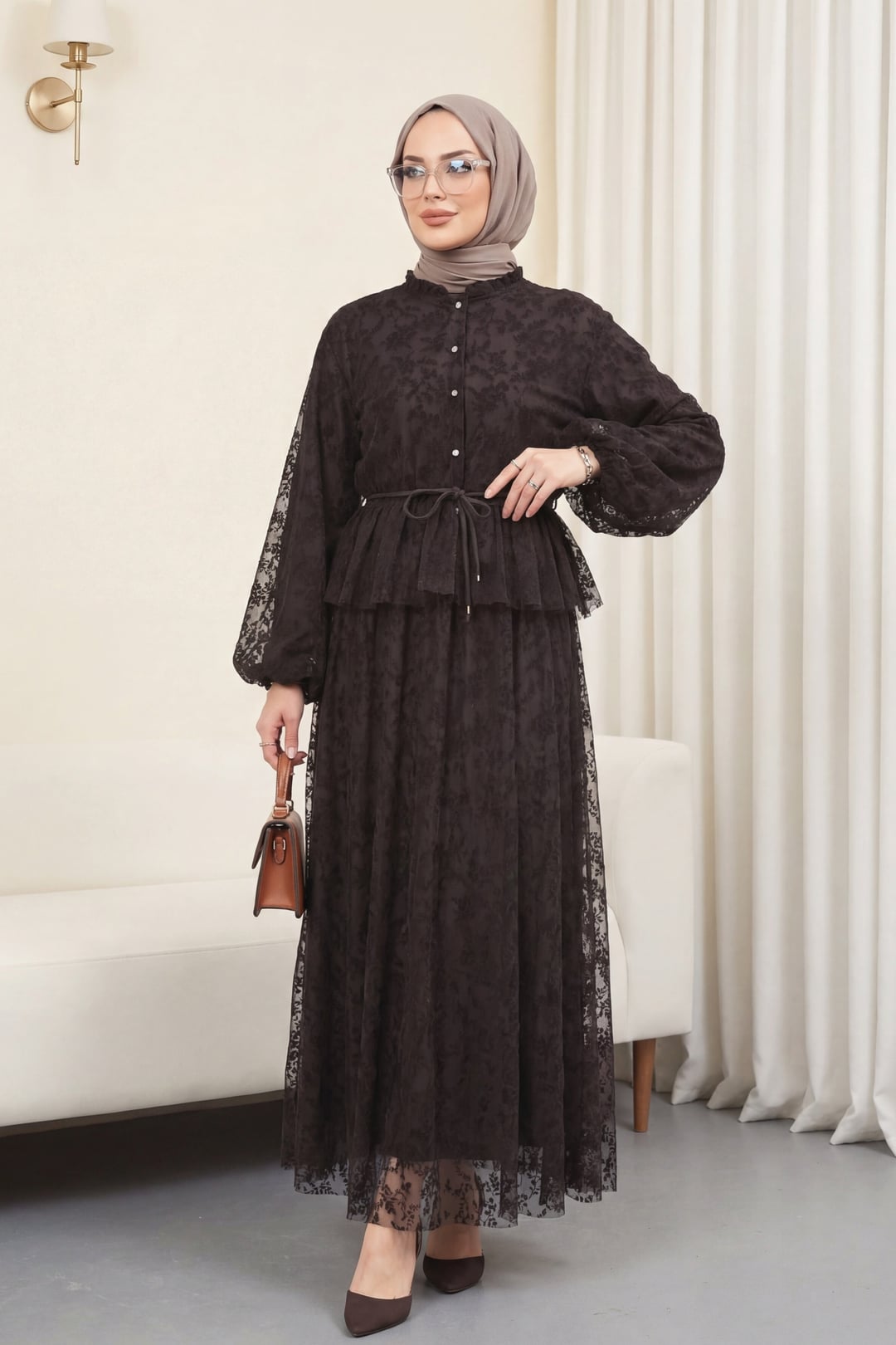 Brown Floral Balloon Sleeve Modest Dress with Tie Belt - Podyumplus - by Peralane - photo 3