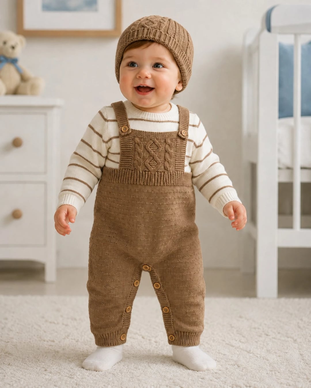 Knitted Baby Romper Set with Hat - Brown - Has Bereket - by Peralane