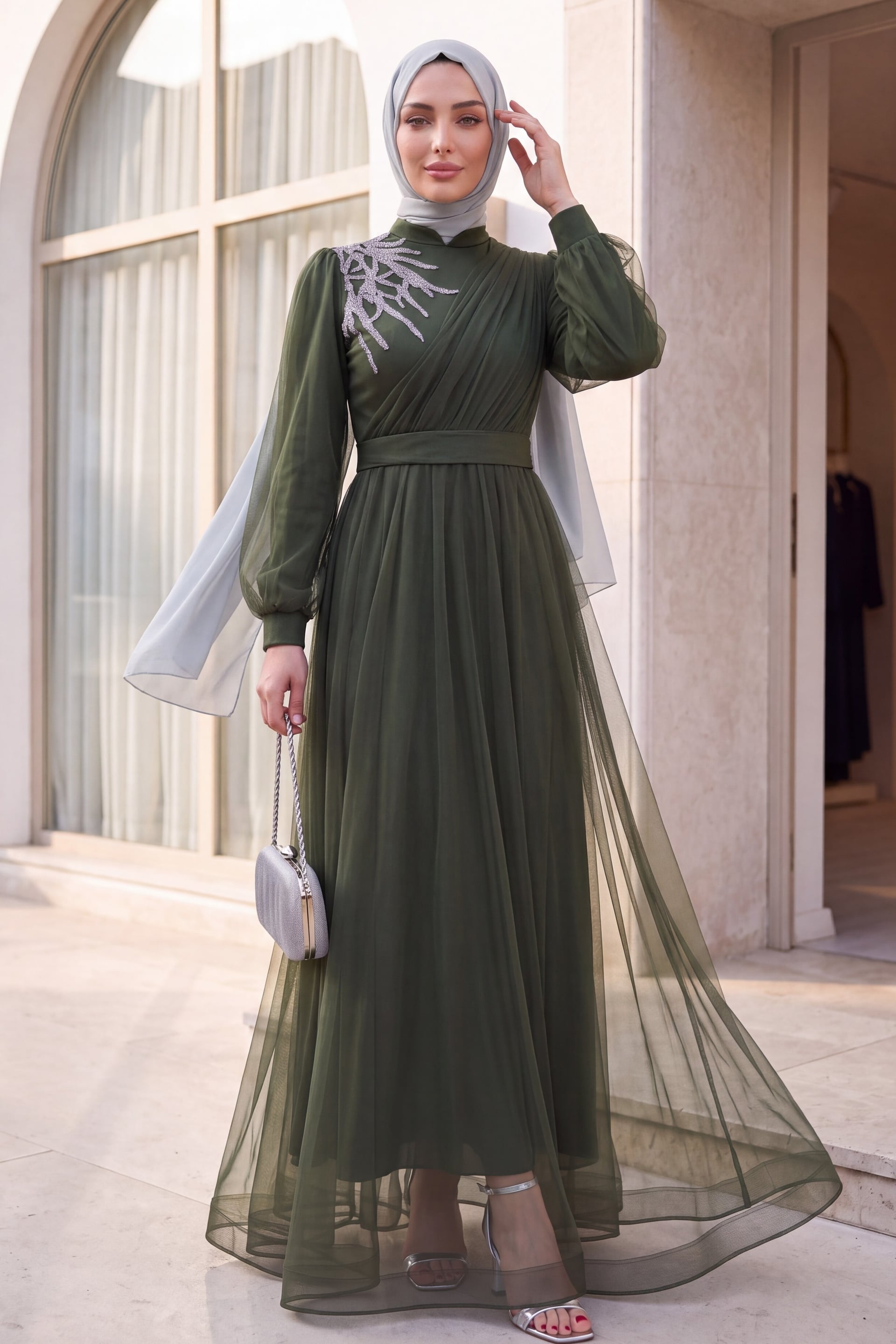 Olive Green Stone Embellished Draped Tulle Evening Dress with Belt - Podyumplus - by Peralane - photo 2