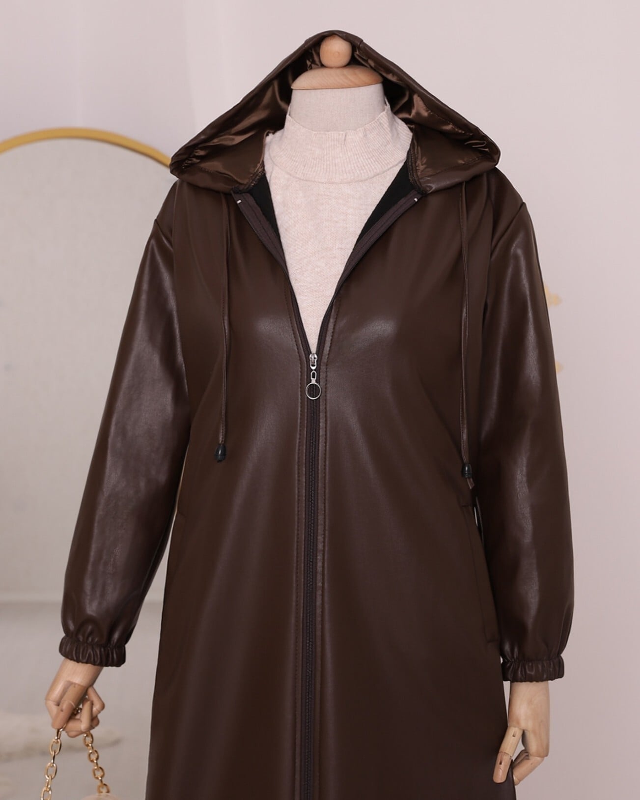 Hooded Zip-Up Faux Leather Coat in Brown - Podyumplus - by Peralane - photo 5