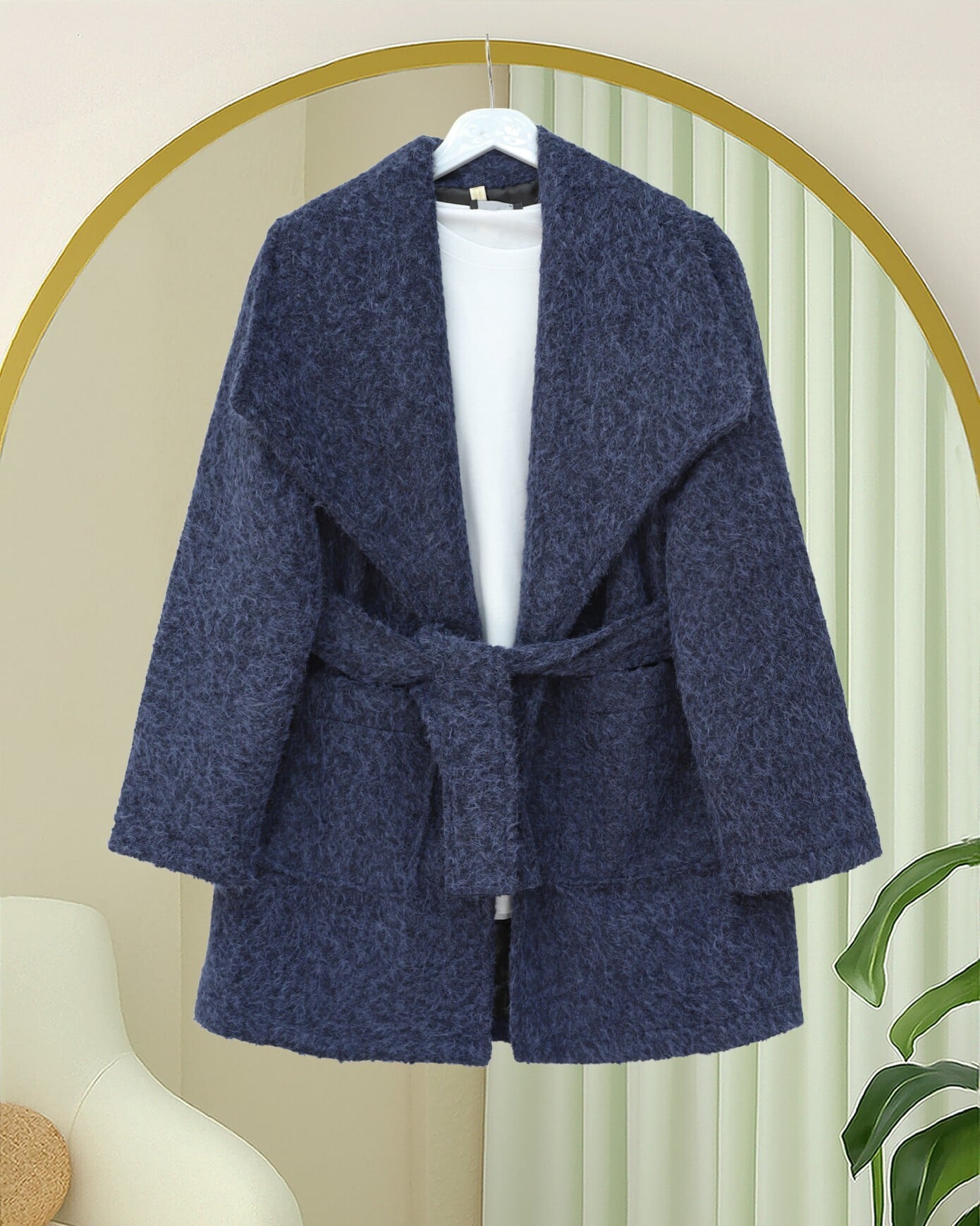Wide Collar Belted Pocket Coat - Dark Navy - Podyumplus - by Peralane - photo 2