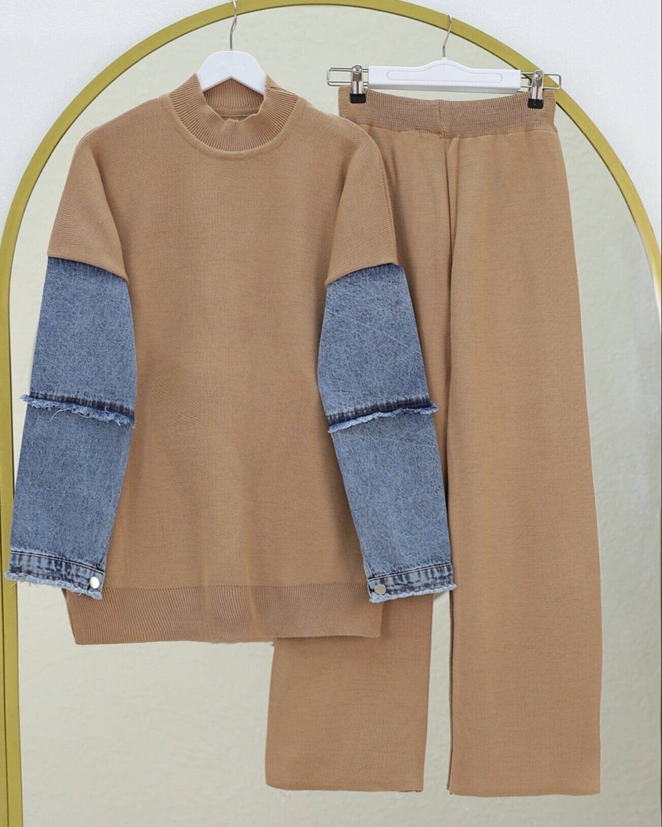 Women's Two-Piece Knit Set with Denim Fringe Trim - Camel - Podyumplus - by Peralane - photo 2