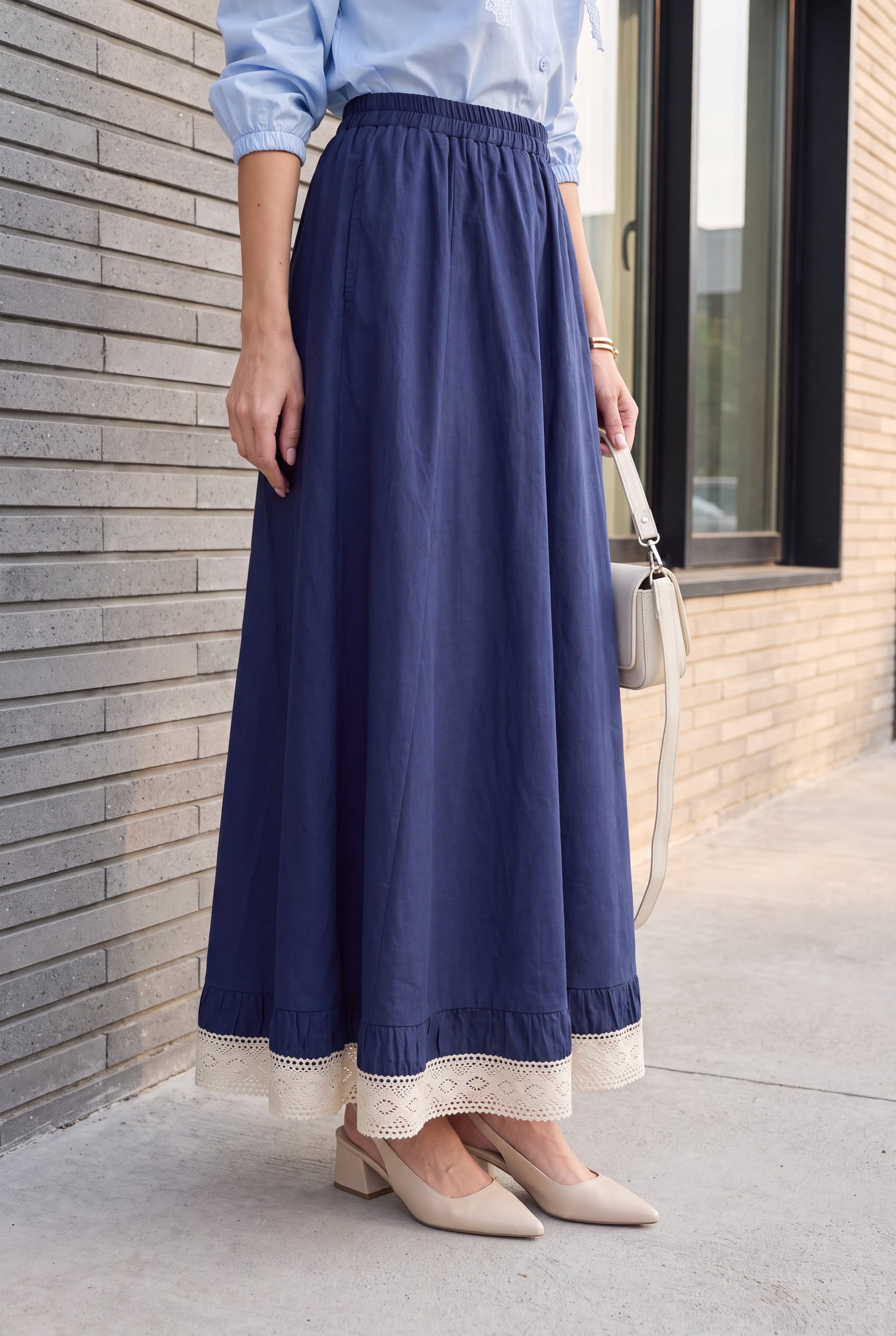 Navy Blue Elasticated Waist Poplin Skirt with Lace Trim and Pockets - Podyumplus - by Peralane