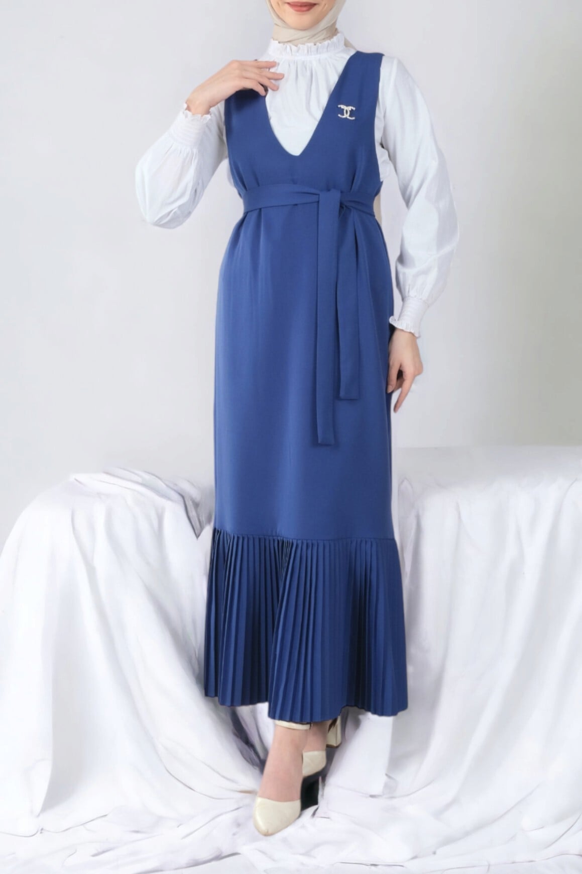 Pleated Skirt Belted Jile Dress - Indigo - Podyumplus - by Peralane - photo 2