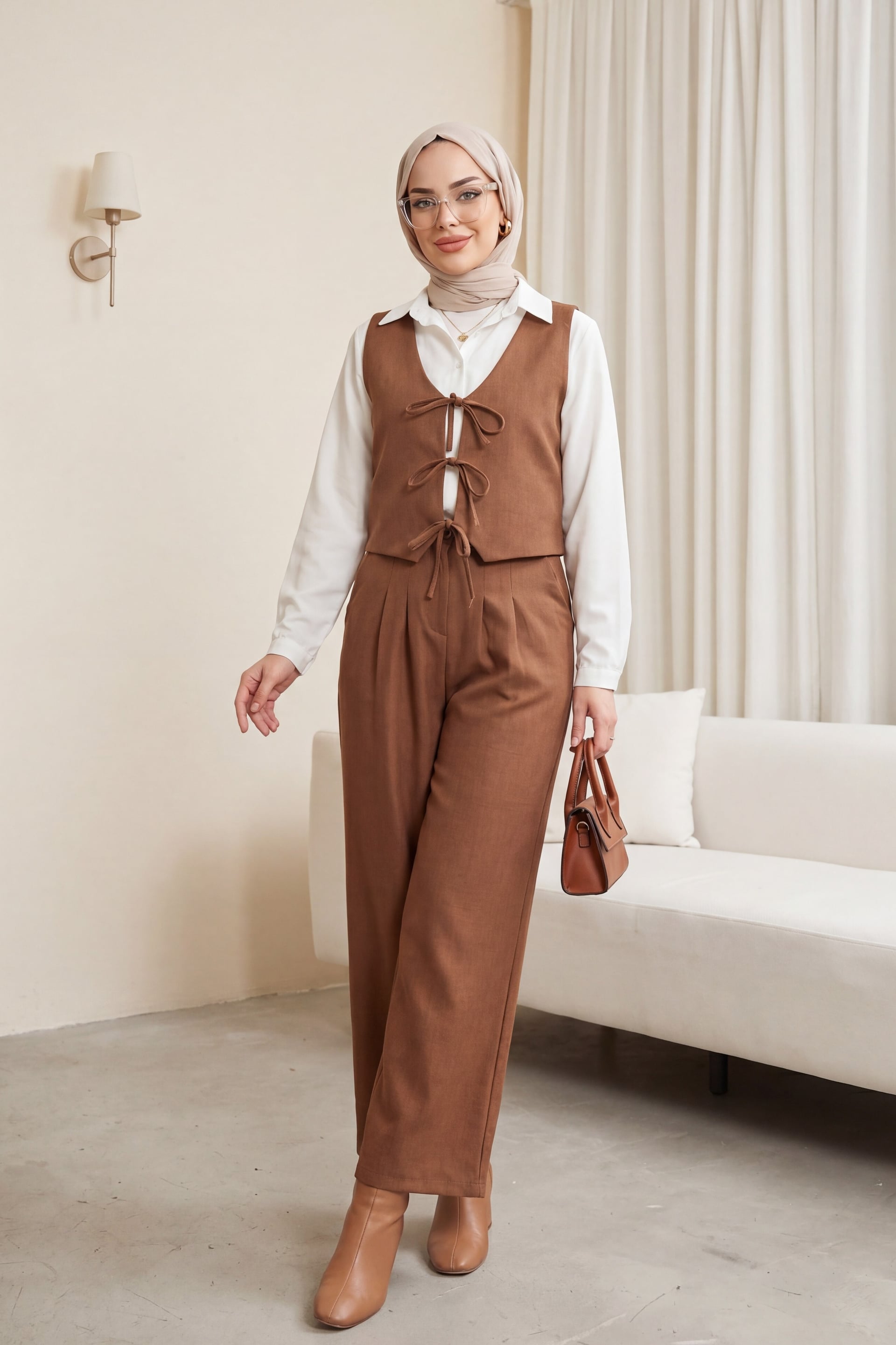 Tie-Front Vest and Wide-Leg Trouser Co-ord Set in Tan - Podyumplus - by Peralane - photo 4