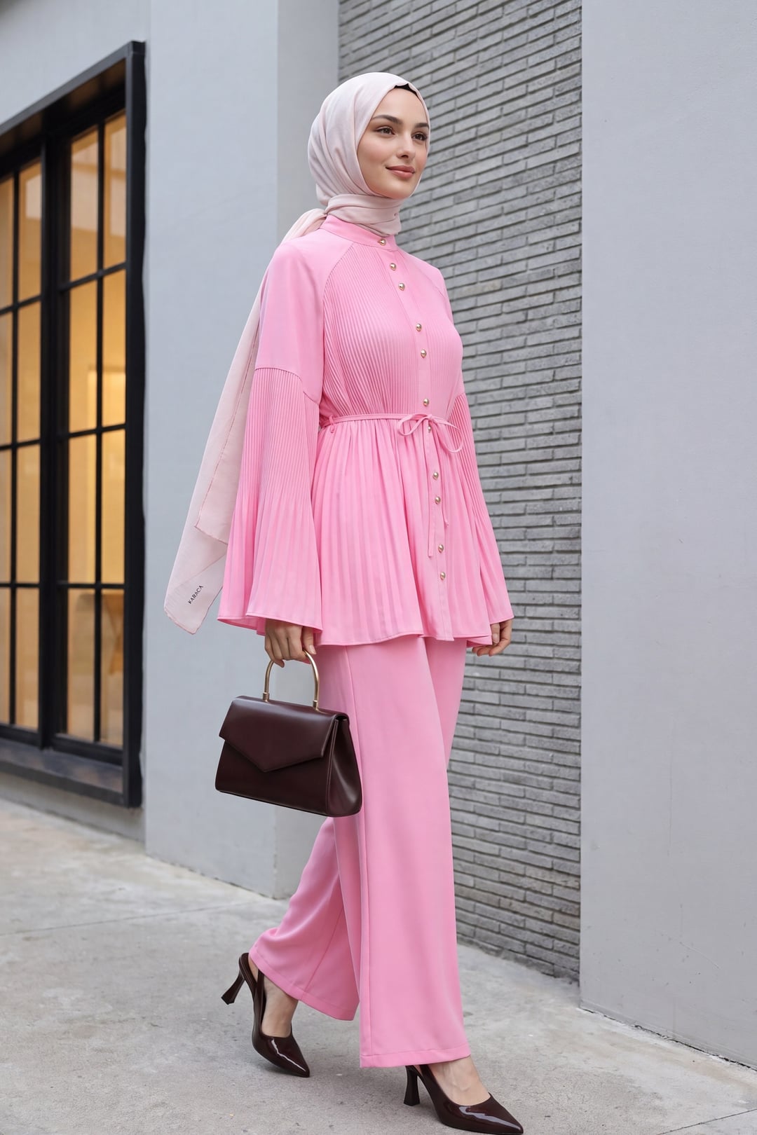 Pleated Mandarin Collar Buttoned Crepe Two-Piece Set - Pink - Podyumplus - by Peralane - photo 3