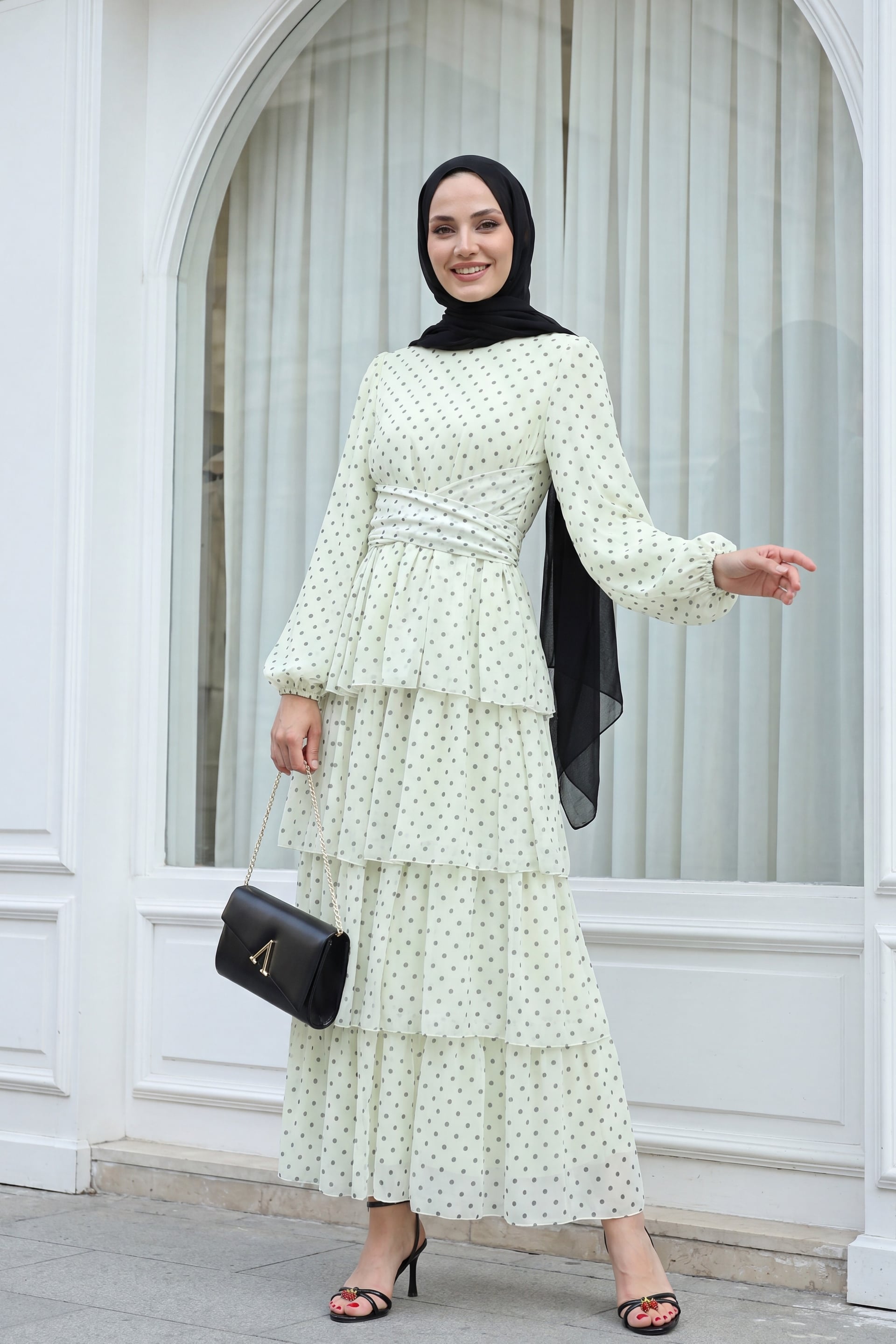 Cream Polka Dot Tiered Chiffon Dress with Cross-Tie Belt - Podyumplus - by Peralane - photo 2