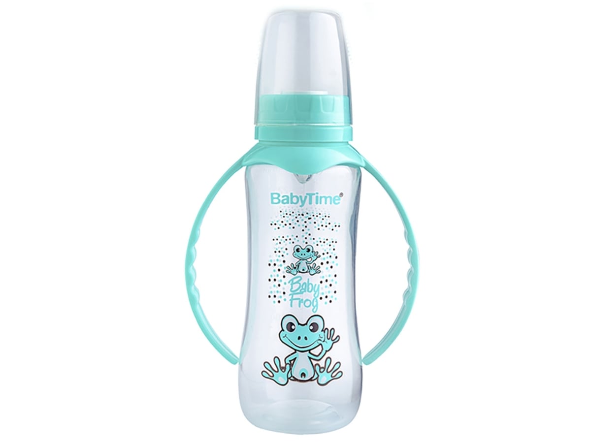 Handled PP Baby Bottle with Frog Print - Mint Green - Baby Time - by Peralane