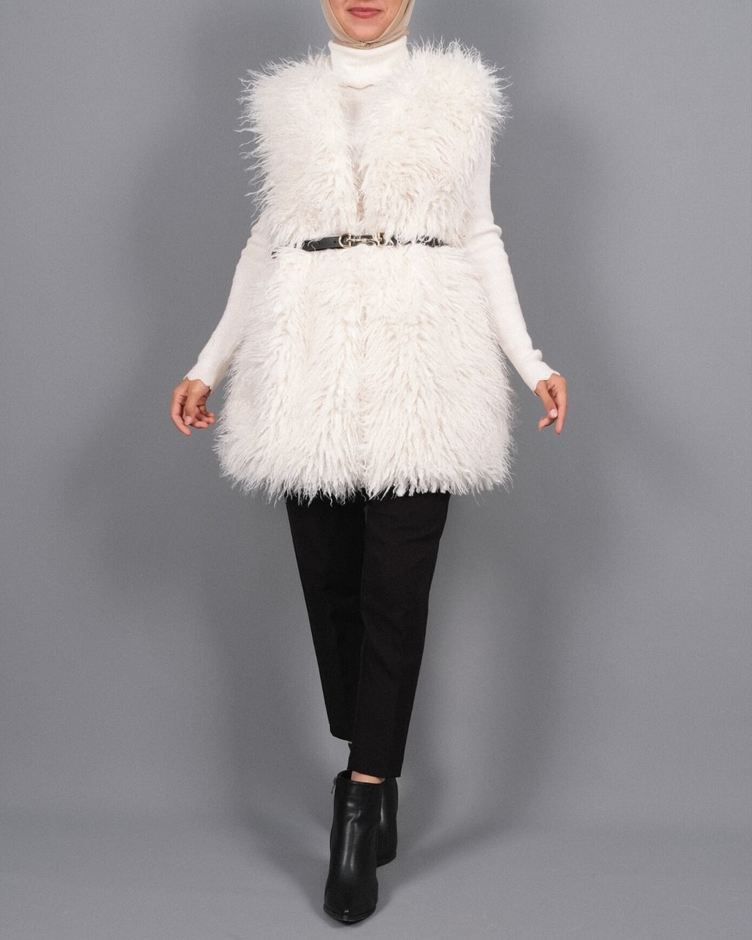 Belted Side Pocket Faux Fur Lined Vest - White - Podyumplus - by Peralane - photo 2