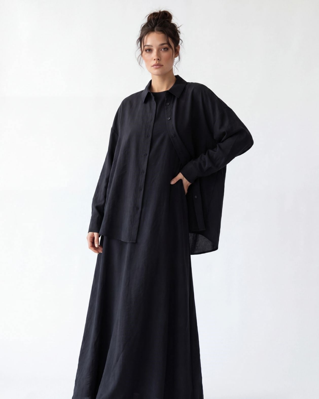 Black Modal Blend Shirt and Maxi Dress Set - Fame - by Peralane