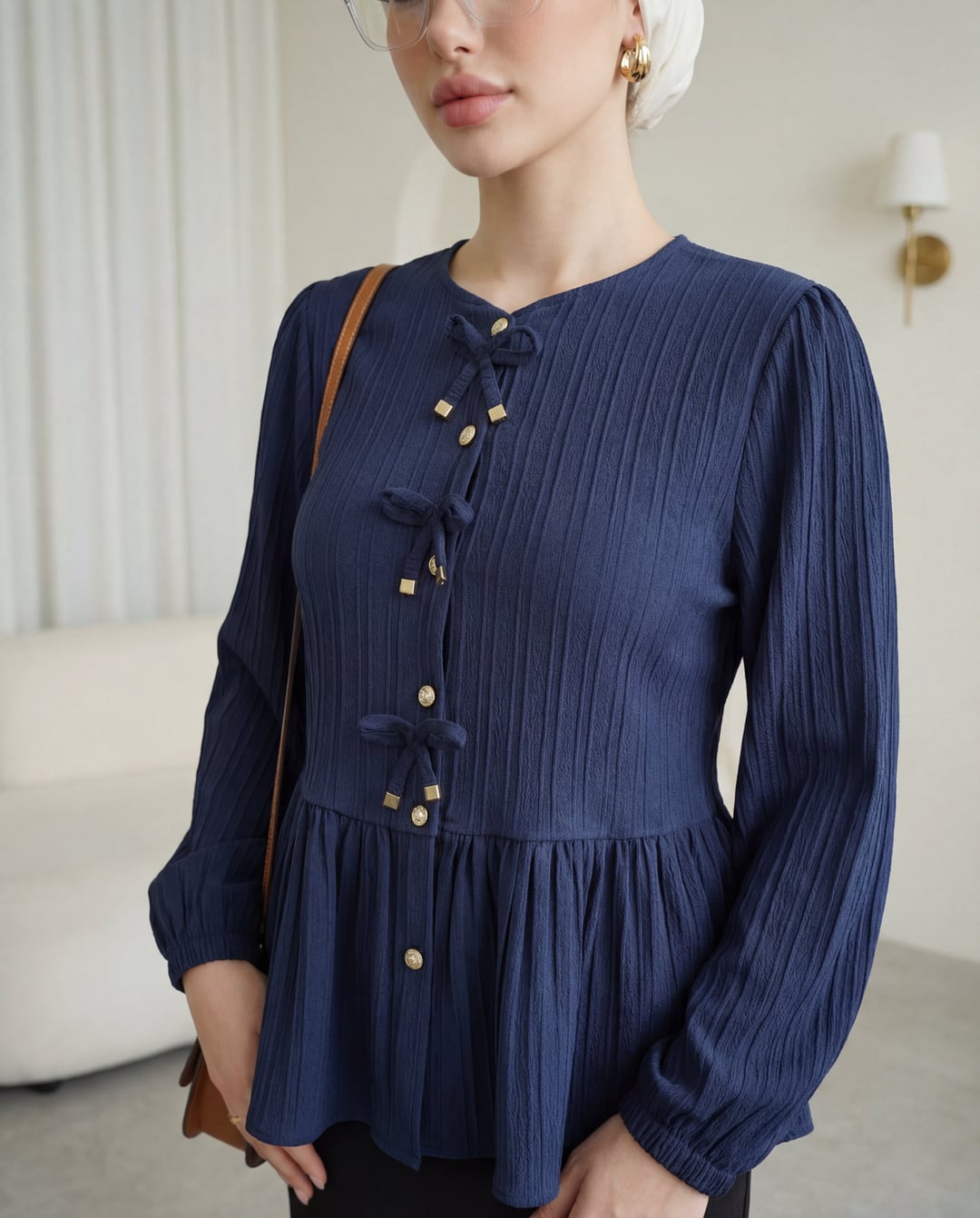 Navy Blue Pleated Peplum Blouse with Bow Details and Long Sleeves - Podyumplus - by Peralane - photo 4