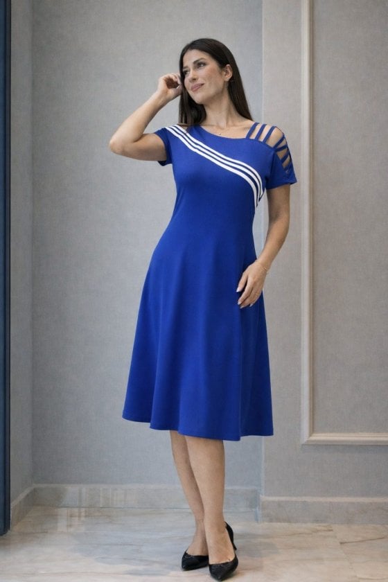 Women's Short Sleeve Midi Viscose Dress with Open Shoulder Stripe Detail - Janes - by Peralane - photo 2