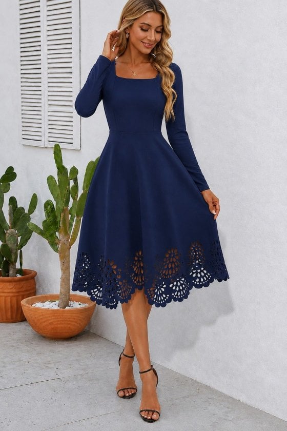 Navy Blue Long-Sleeved Square Neck Midi Dress with Laser-Cut Floral Hem - Janes - by Peralane - photo 3