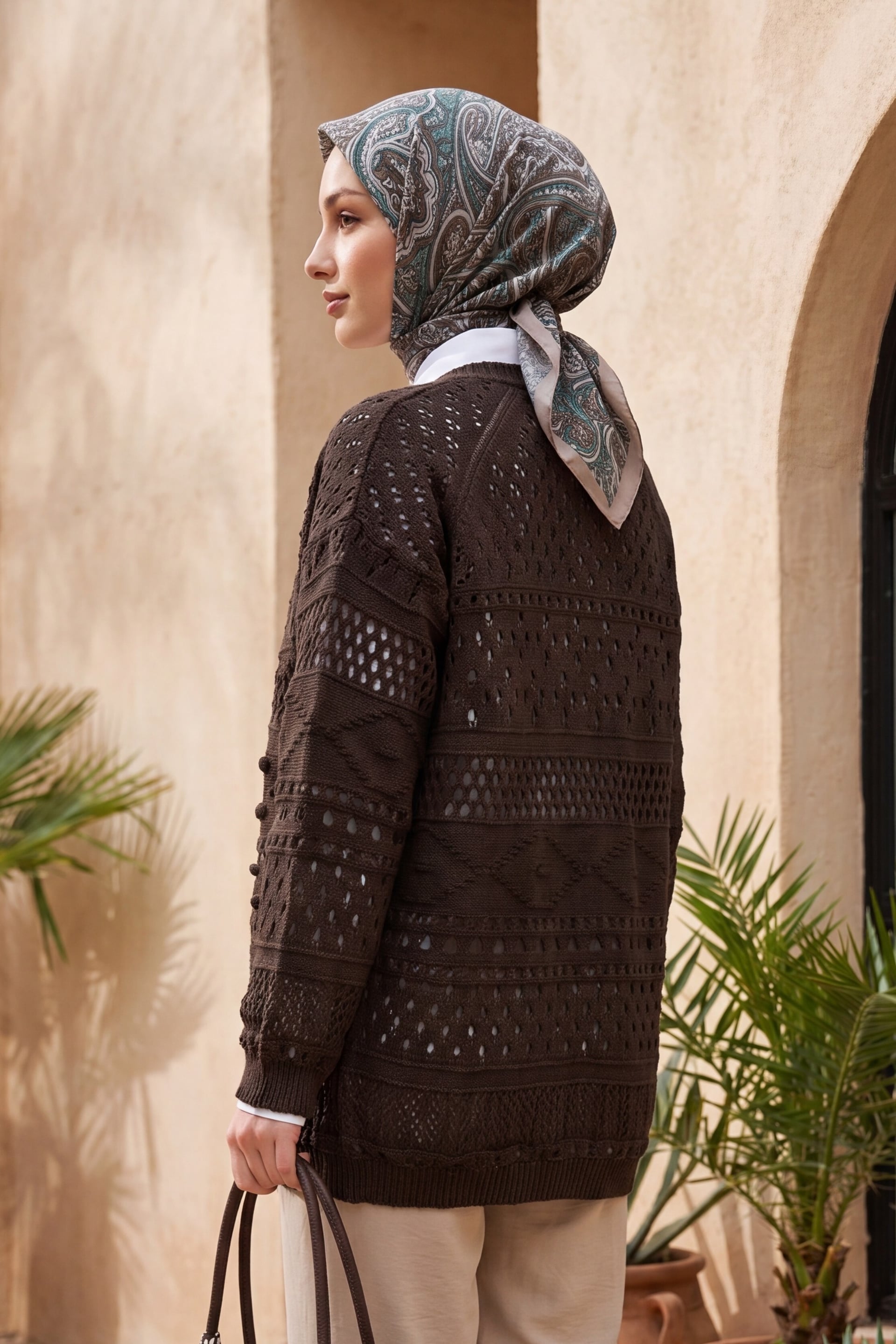 Eyelet Pompom Patterned Knit Cardigan - Dark Brown - Podyumplus - by Peralane - photo 3