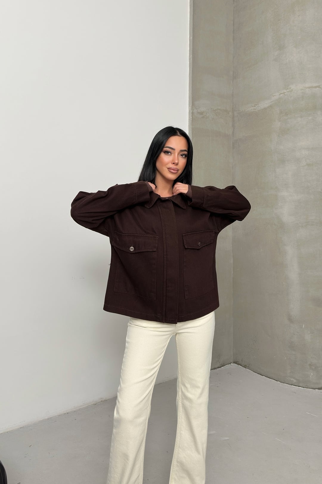 Women's Brown Denim Jacket with Pockets - Regular Fit - Xlove - by Peralane