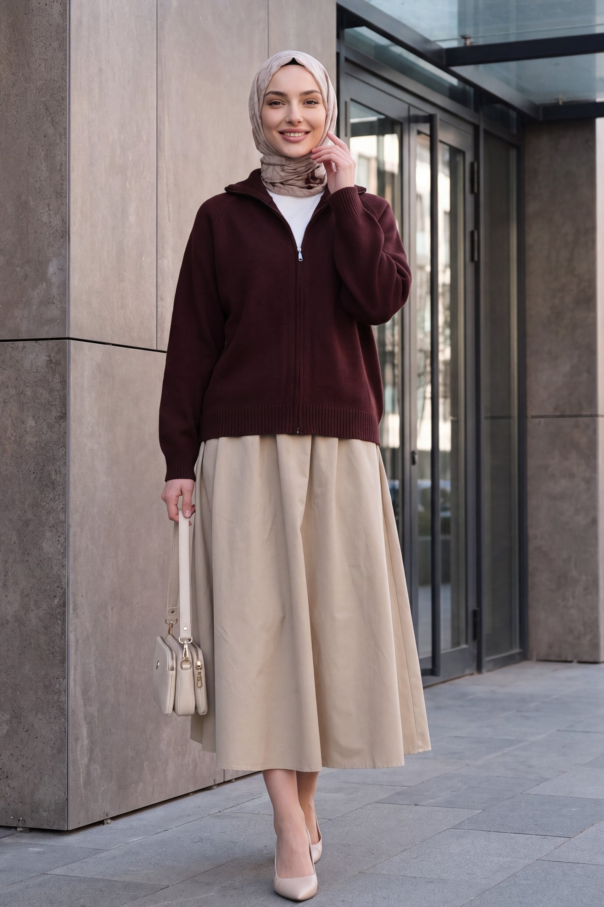 Half-Zip High-Neck Stitch Detail Knit Cardigan - Burgundy - Podyumplus - by Peralane - photo 4