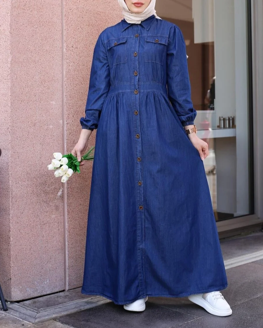 Women's Long-Sleeve Denim Dress with Elastic Cuffs and Pockets - Indigo - Podyumplus - by Peralane - photo 9