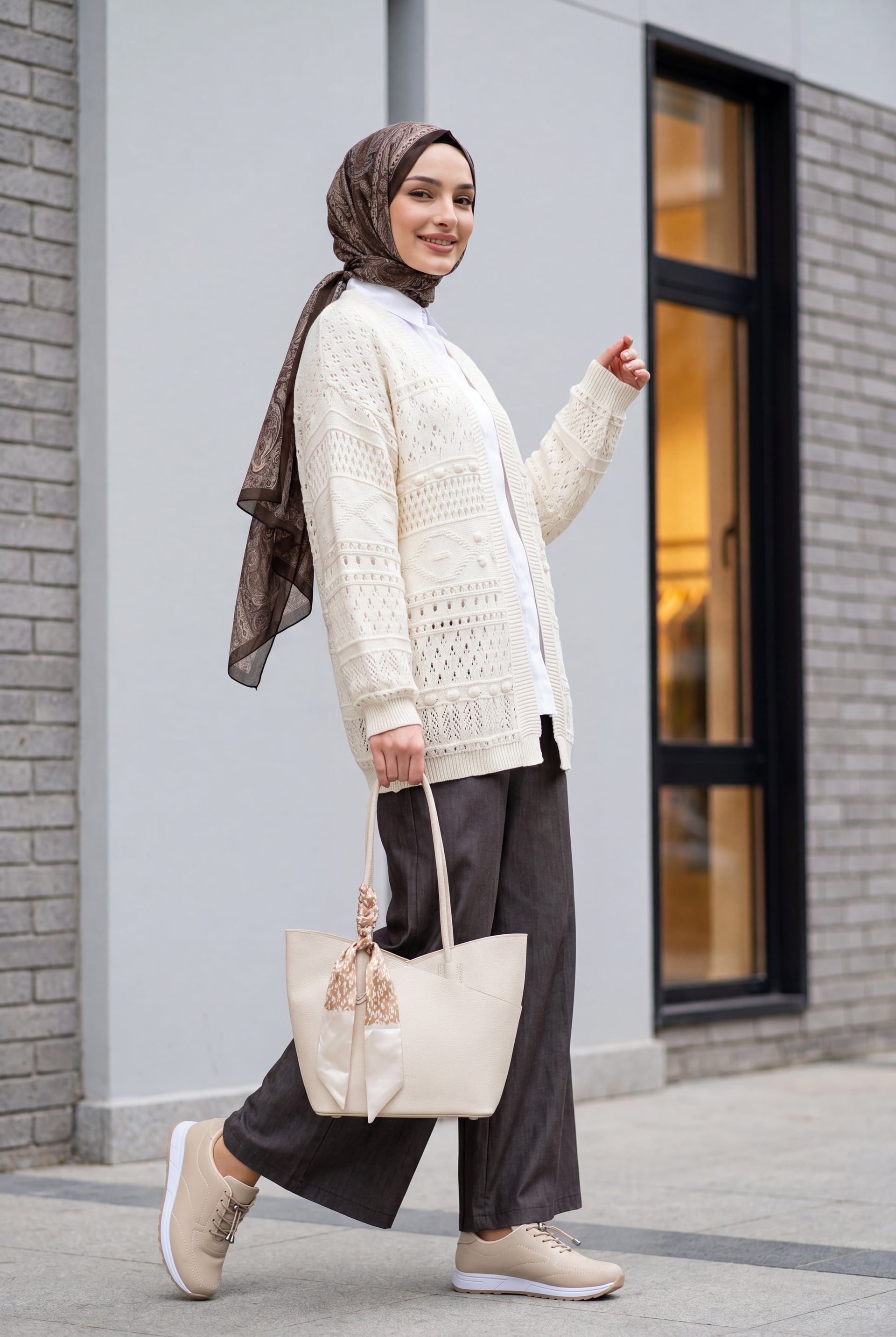 Ajour Patterned Knit Cardigan with Pom-Pom Details - Ecru - Podyumplus - by Peralane