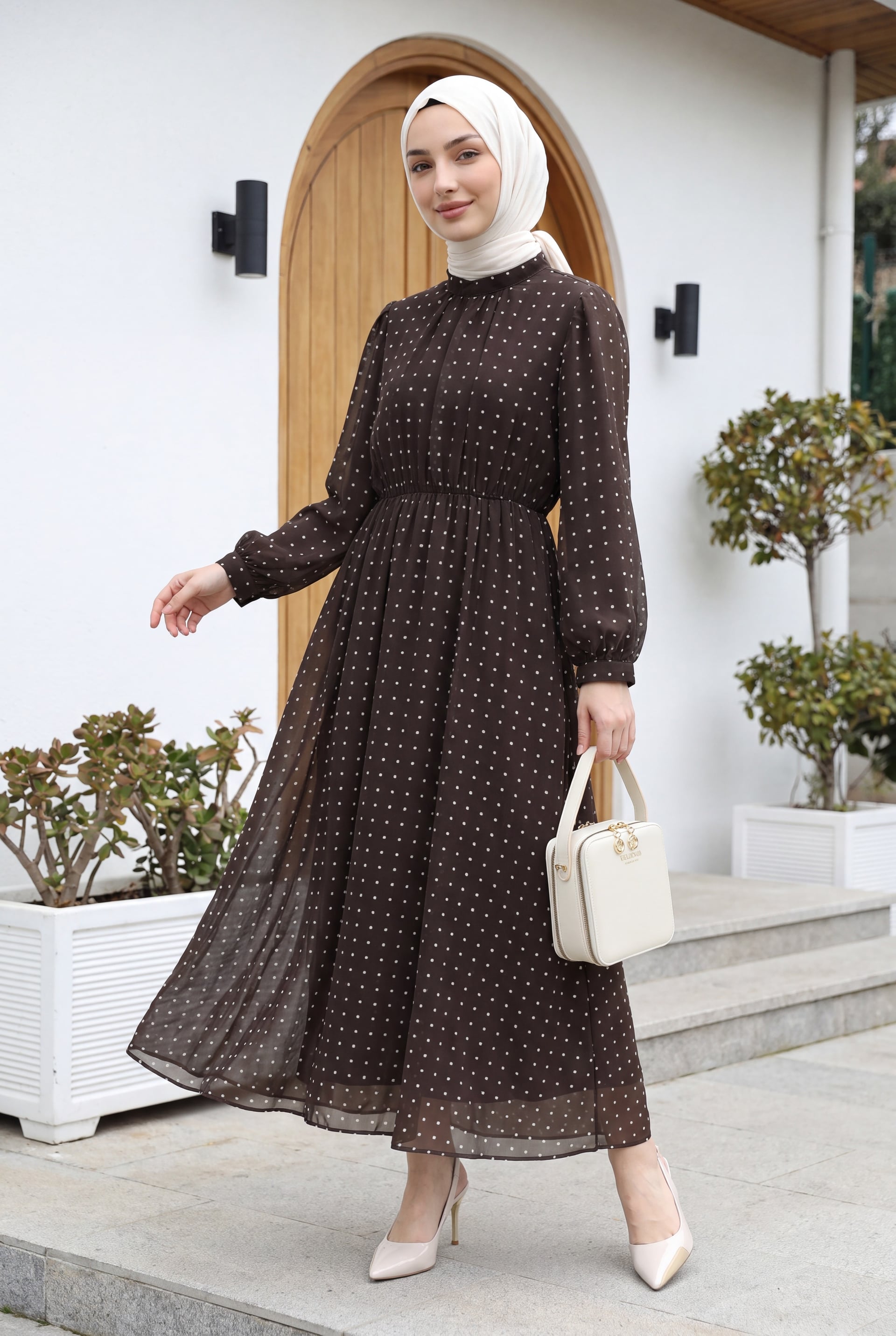 Lined Elastic Waist Polka Dot Long Chiffon Dress - Brown - Podyumplus - by Peralane