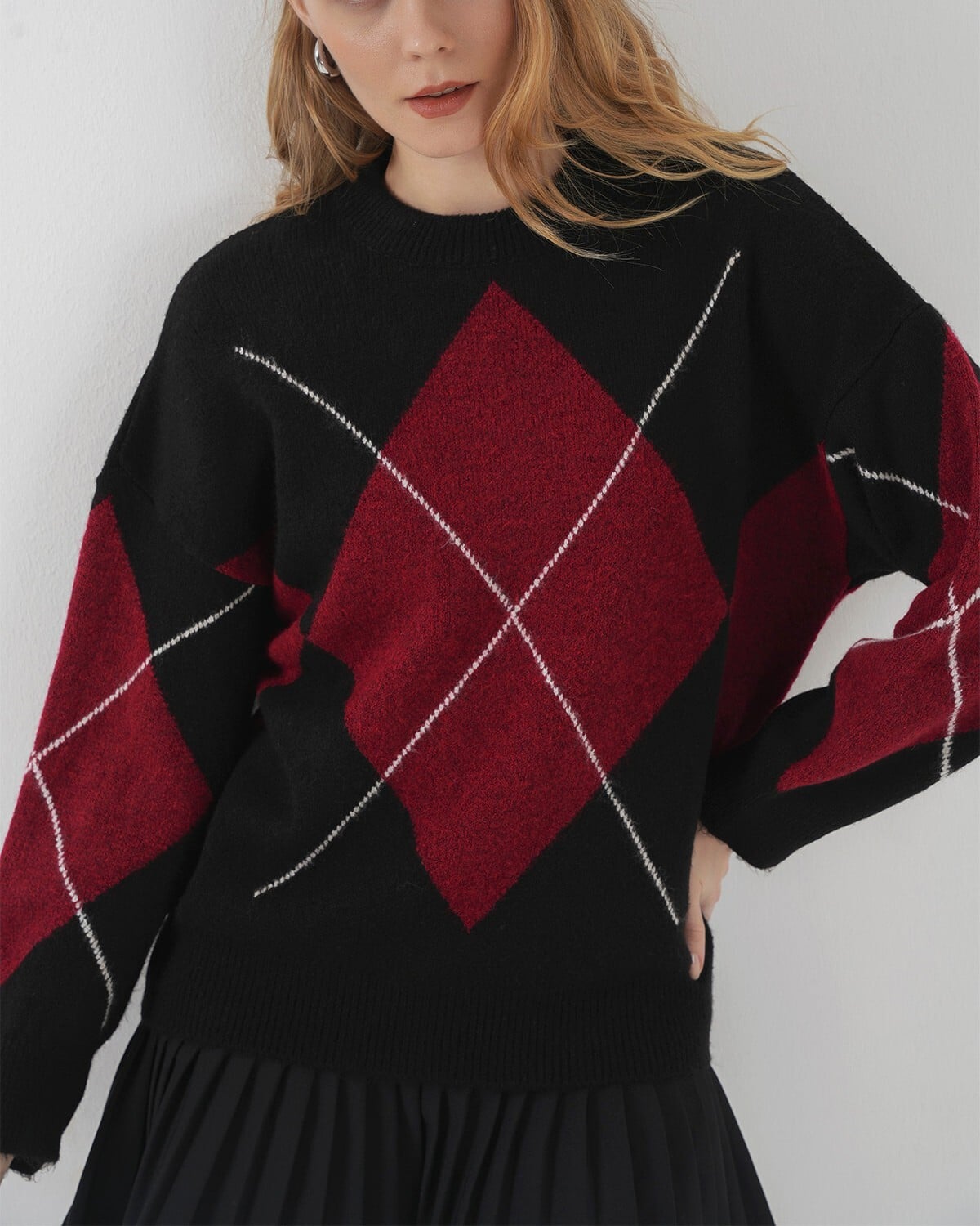 Oversize Argyle Patterned Knit Sweater - Black - Bigdart - by Peralane - photo 6
