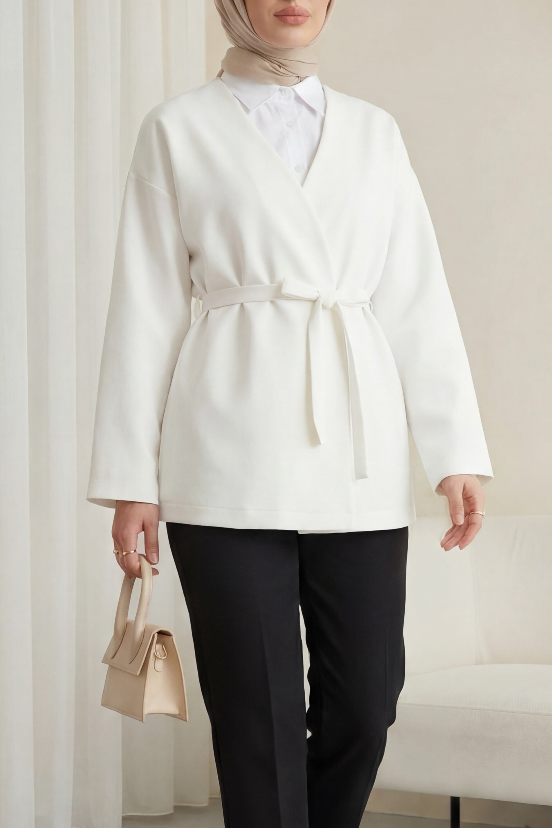Belted V-Neck Scuba Kimono - White - Podyumplus - by Peralane