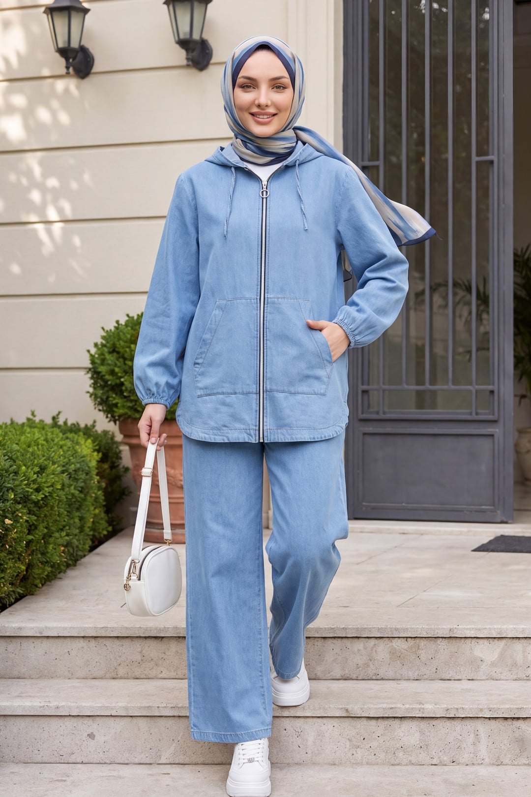 Hooded Zip-Front Denim-Look Tracksuit with Elasticated Cuffs and Pockets - Light Blue - Podyumplus - by Peralane - photo 4