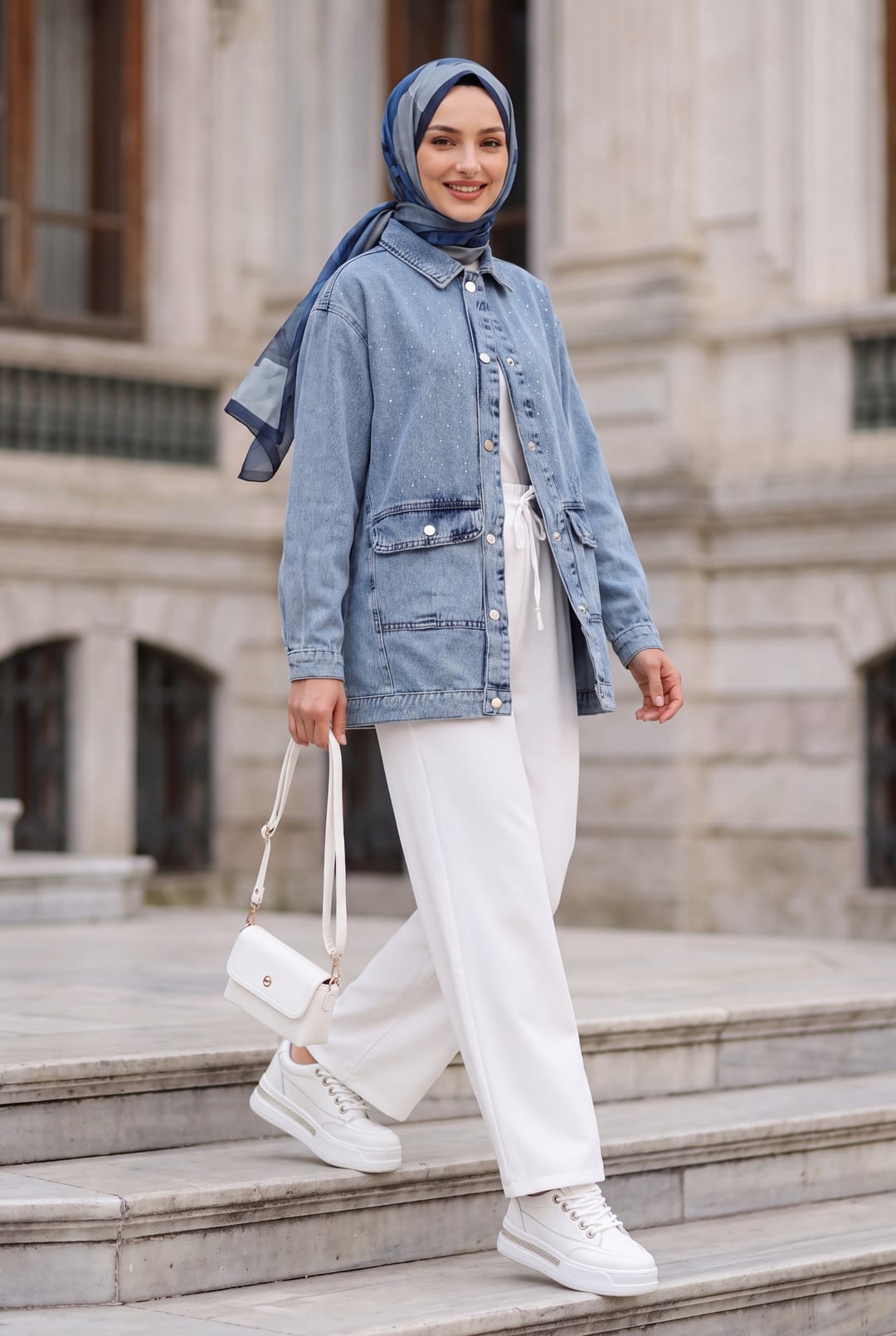 Light Blue Denim Jacket with Rhinestone Details and Flap Pockets - Podyumplus - by Peralane - photo 4