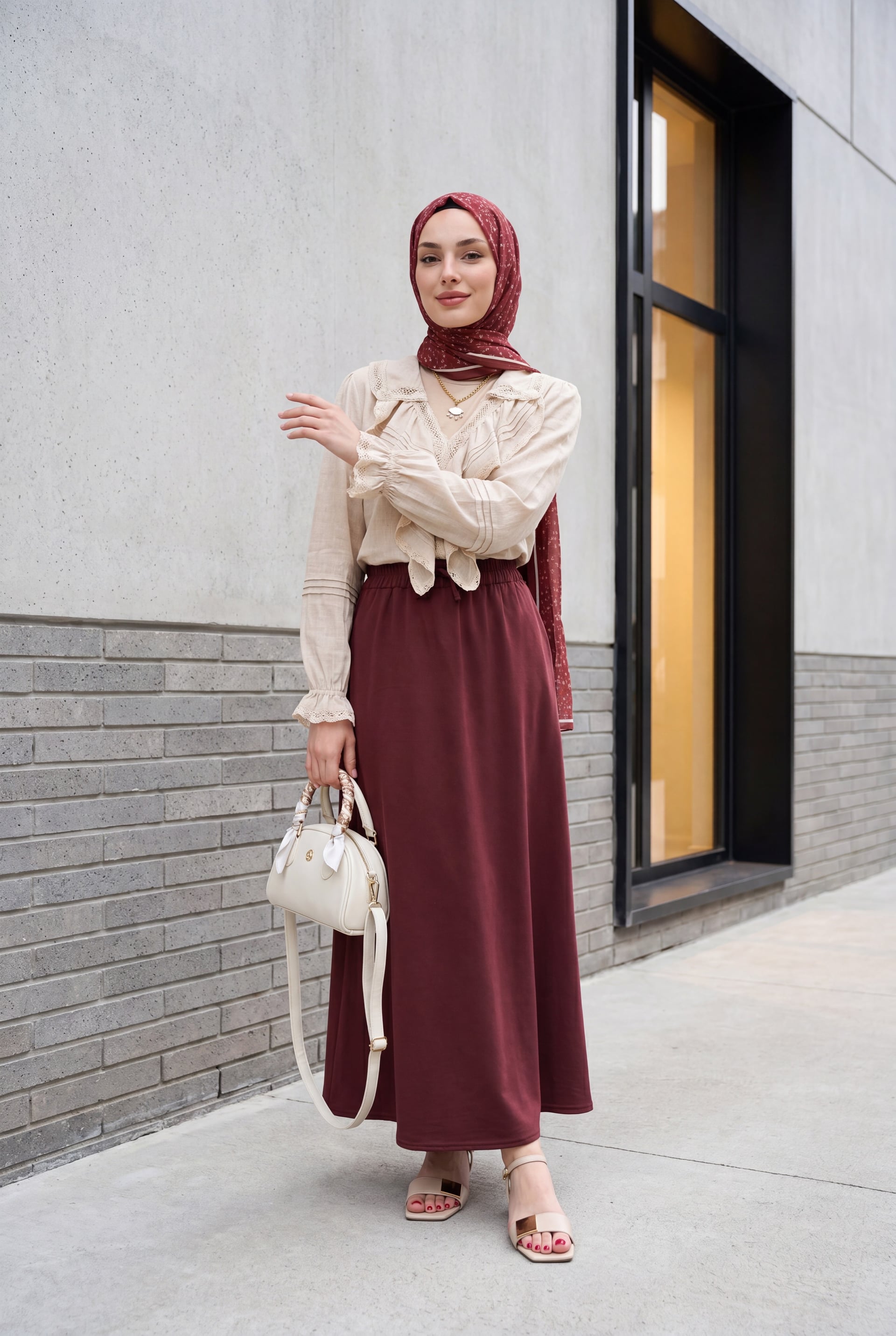 Elasticated Waist Drawstring Pocket Tencel Skirt - Burgundy - Podyumplus - by Peralane - photo 5
