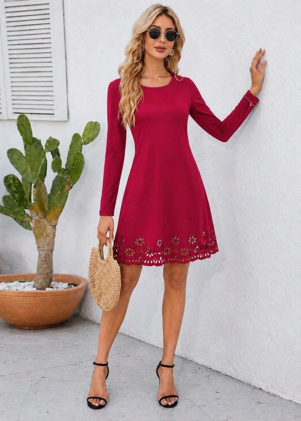 Women's Long Sleeve Round Neck Dress with Laser Cut Hem - Janes - by Peralane - photo 2