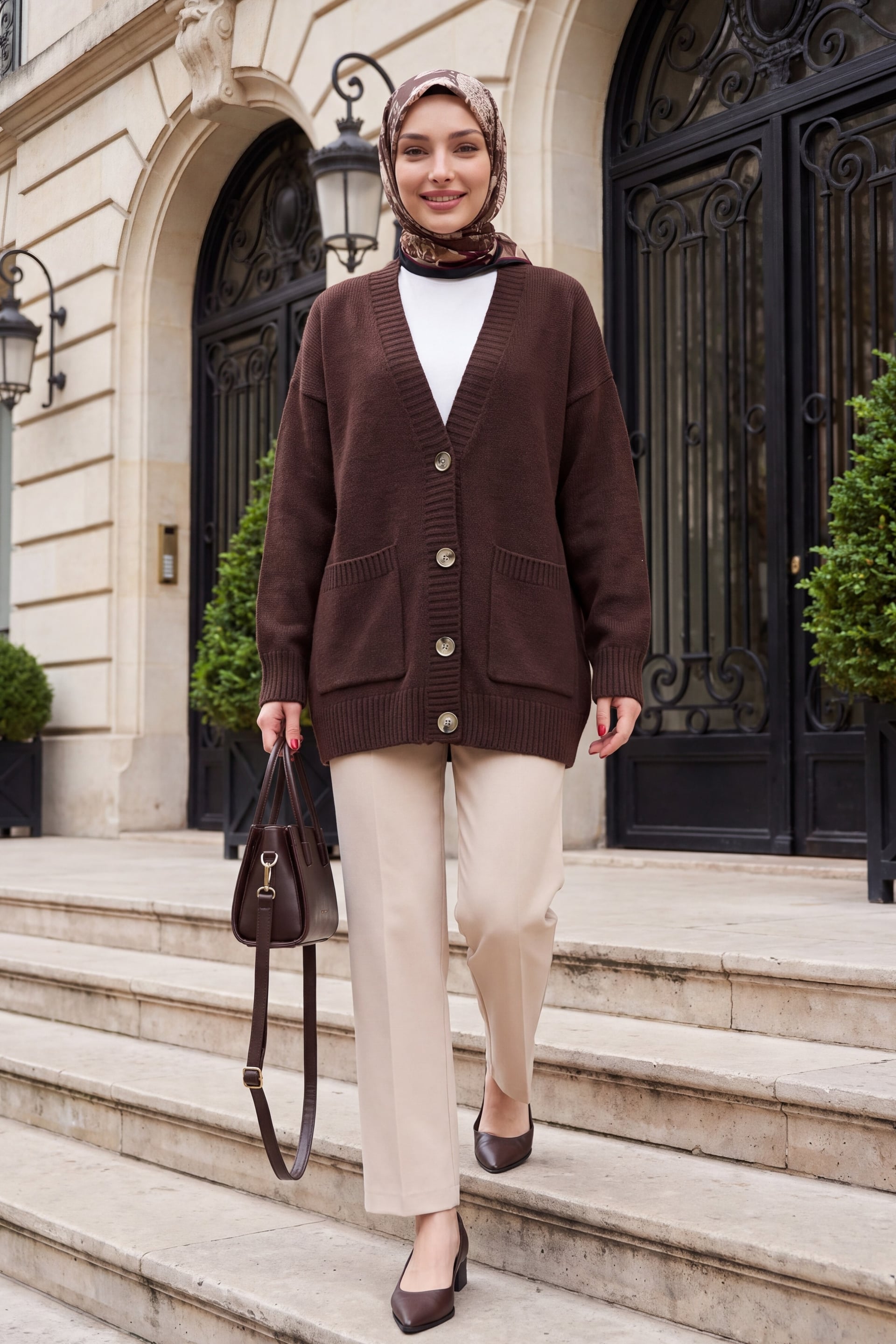 Button-Front Double-Pocket Relaxed Knit Cardigan - Dark Brown - Podyumplus - by Peralane - photo 3