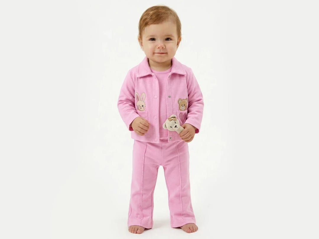 Pink Baby Girl 3-Piece Set with Bunny and Teddy Bear Embroidery - Elci Baby - by Peralane