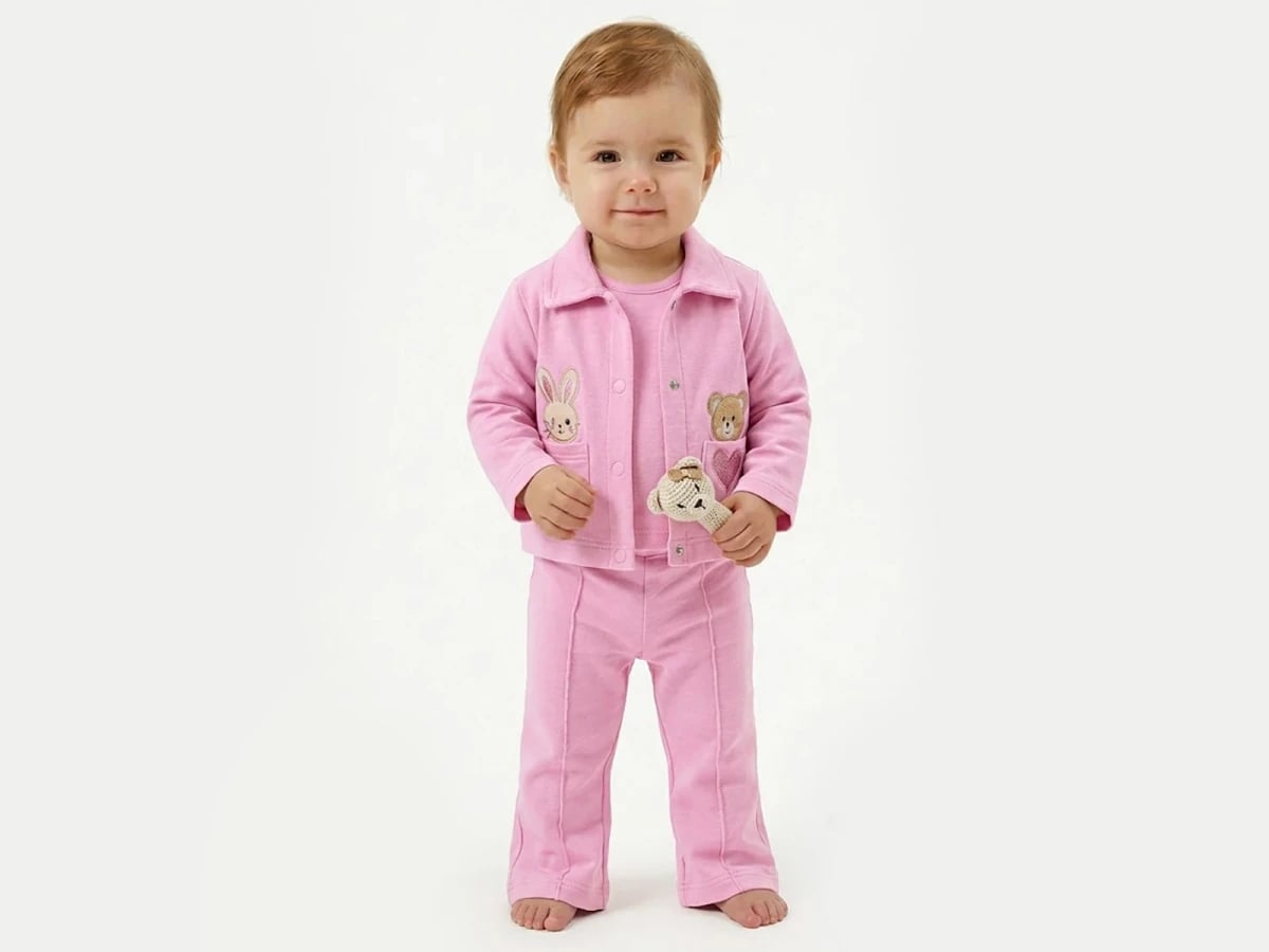 Pink Baby Girl 3-Piece Set with Bunny and Teddy Bear Embroidery - Elci Baby - by Peralane