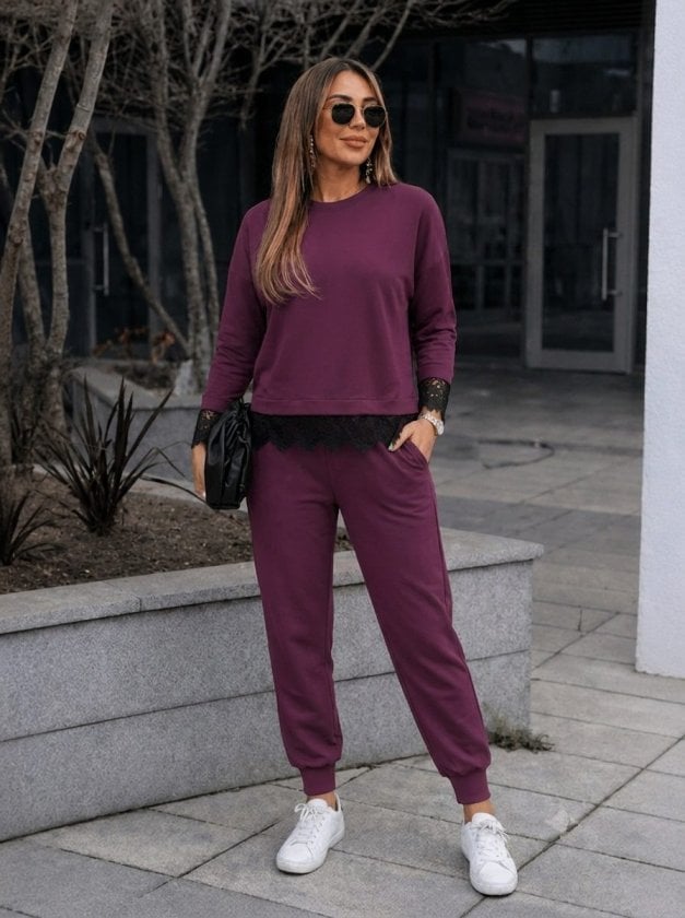 Women's Long-Sleeved Crew Neck Lace Trim Viscose Two-Thread Top and Trousers Lounge Set - Janes - by Peralane - photo 2