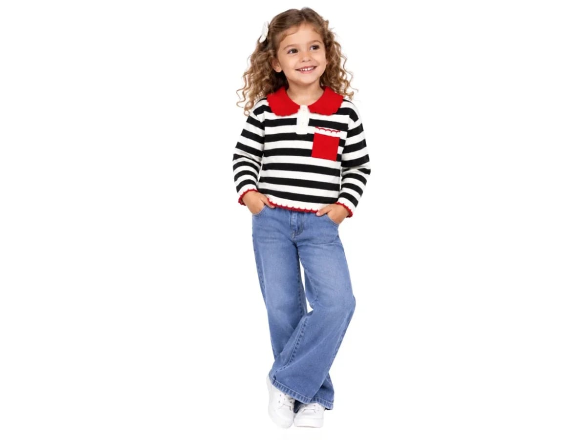 Girls' Knit Sweater Set with Striped Pattern and Red Details - Incilay - by Peralane