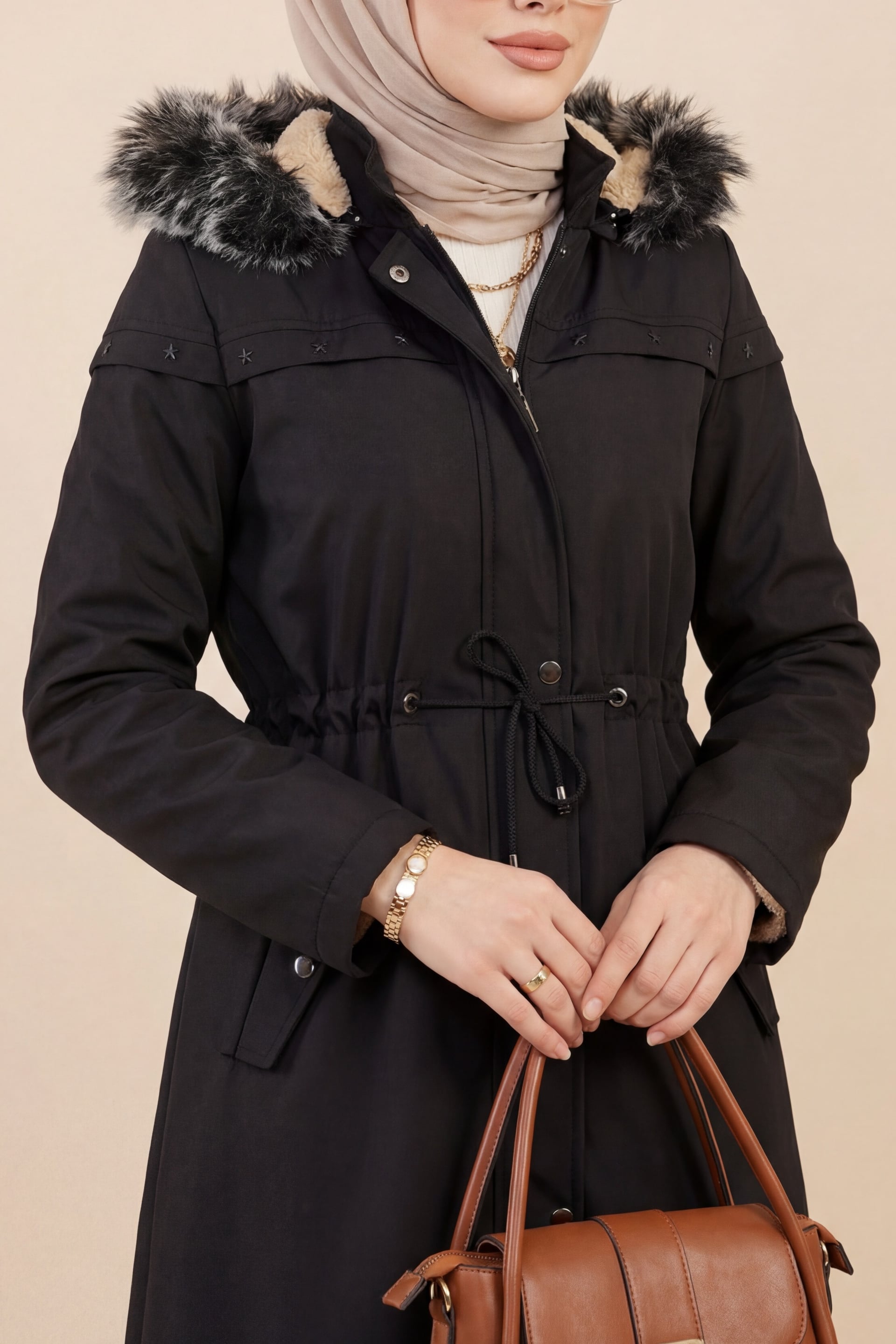 Black Hooded Drawstring Waist Coat with Faux Fur Trim - Podyumplus - by Peralane - photo 2
