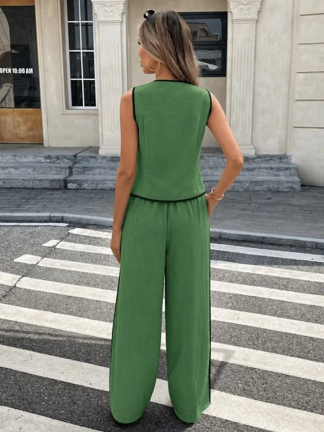 Women's Sleeveless Button-Front Vest and Wide-Leg Trousers Two-Piece Set in Green - Janes - by Peralane - photo 3