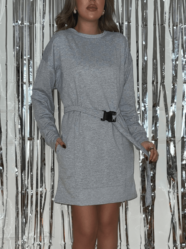 Women's Grey Long-Sleeved Crew Neck Belted Two-Thread Dress - Janes - by Peralane - photo 5