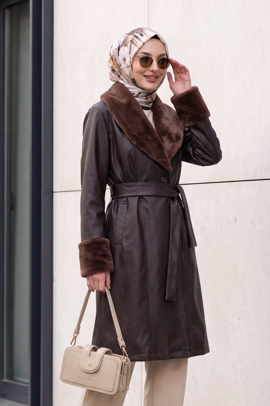 Faux Fur Collar Faux Leather Coat - Brown - Bigdart - by Peralane - photo 2